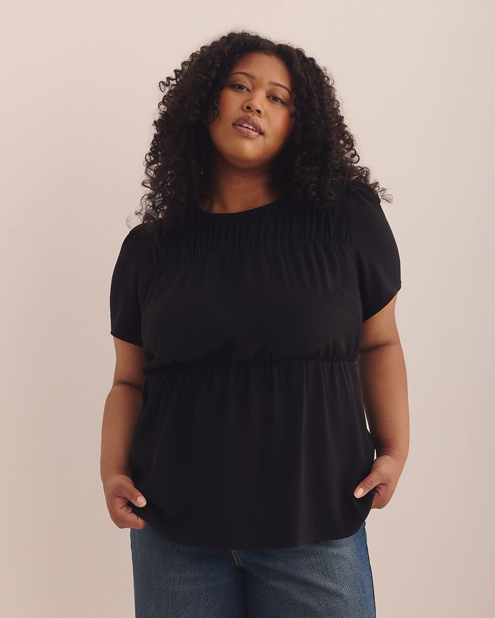 Short Flutter Sleeve Blouse with Smocked Top