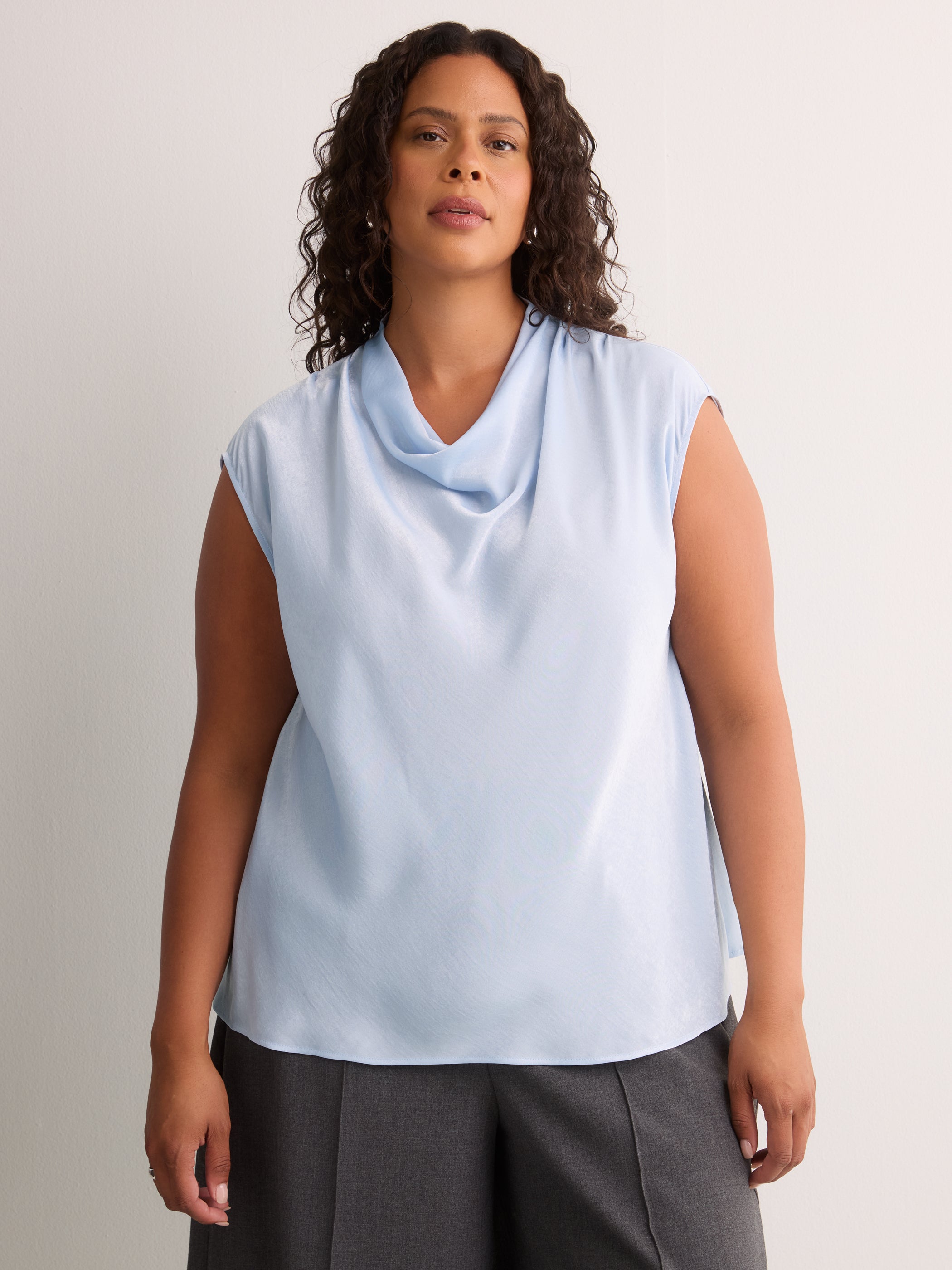 Straight-Fit Draped Cowl-Neck Satin Blouse