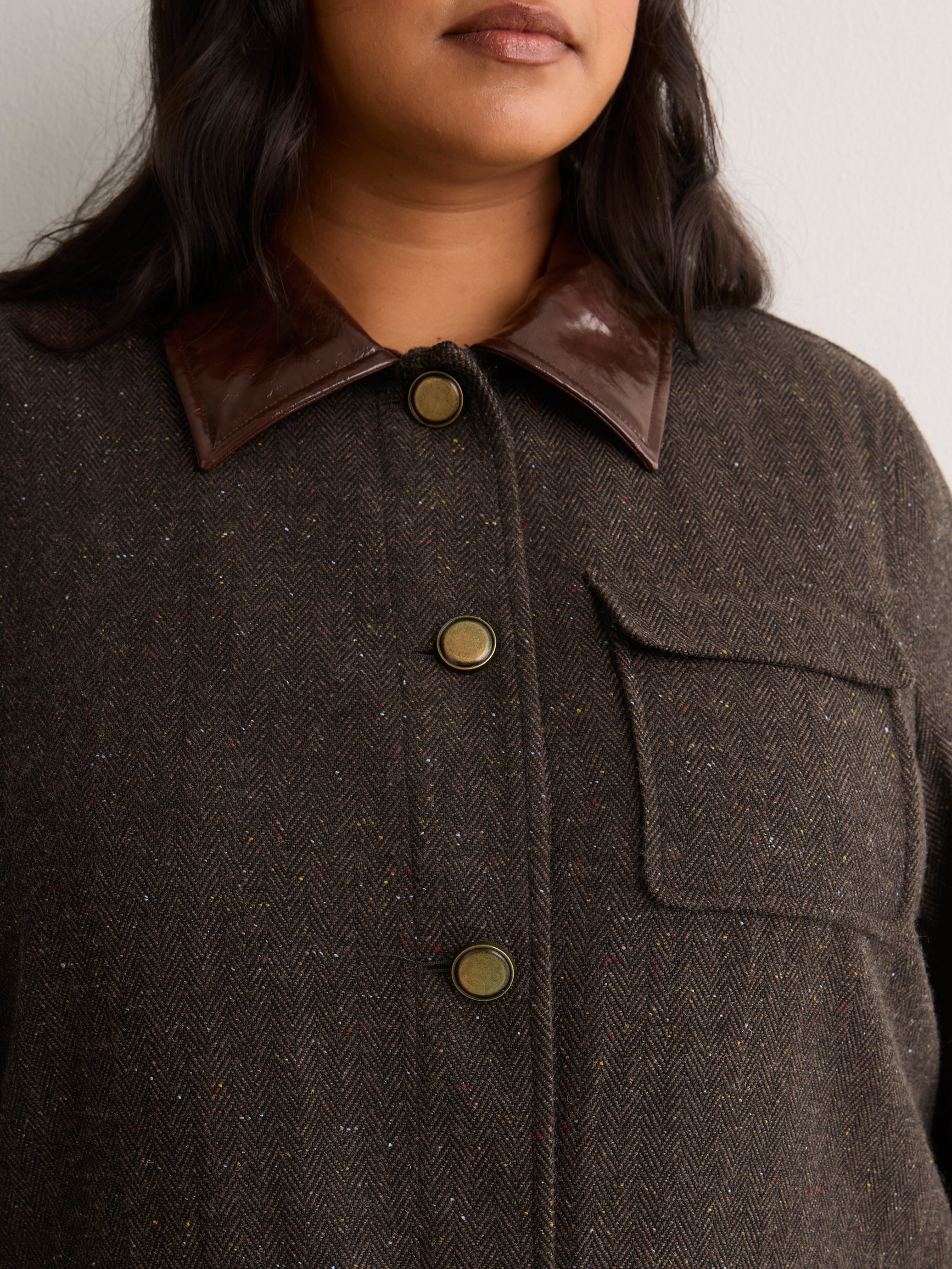 Brown Herringbone Barn Jacket with Faux-Leather Collar
