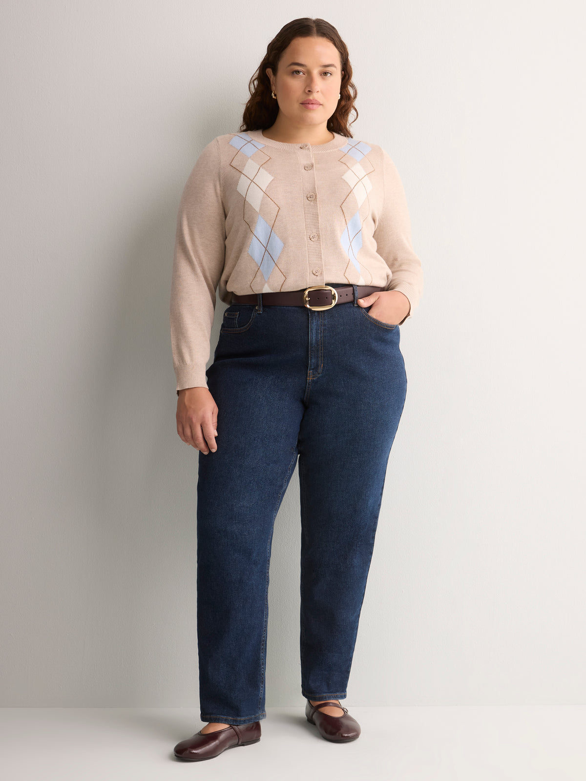 Responsible, Argyle Buttoned-Down Cotton Blend Crew Neck Cardigan