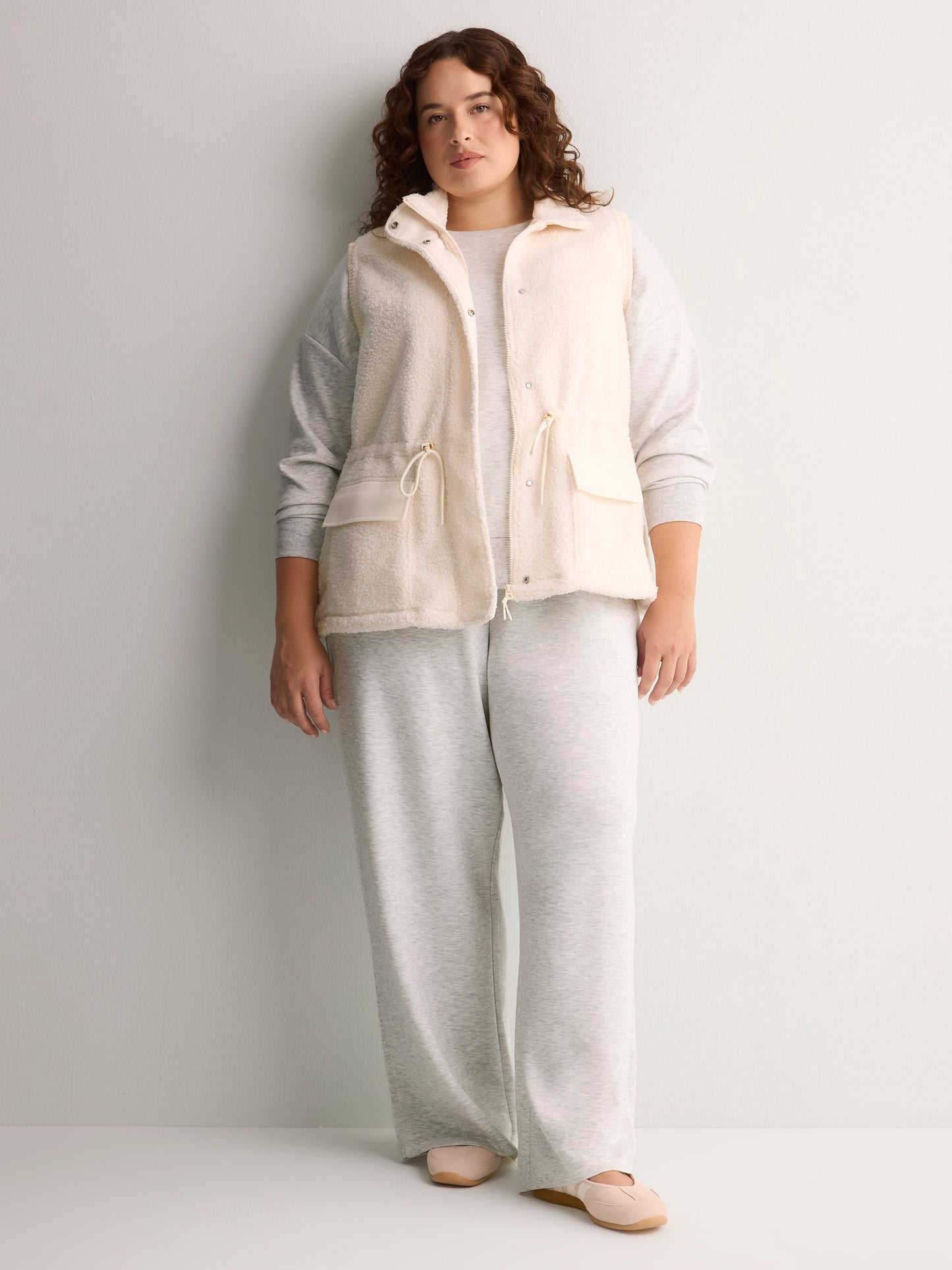 Beige Sherpa Cinched-Waist Vest - Active Zone