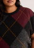Loose Extended-Sleeve Argyle Fuzzy Yarn Short Sweater