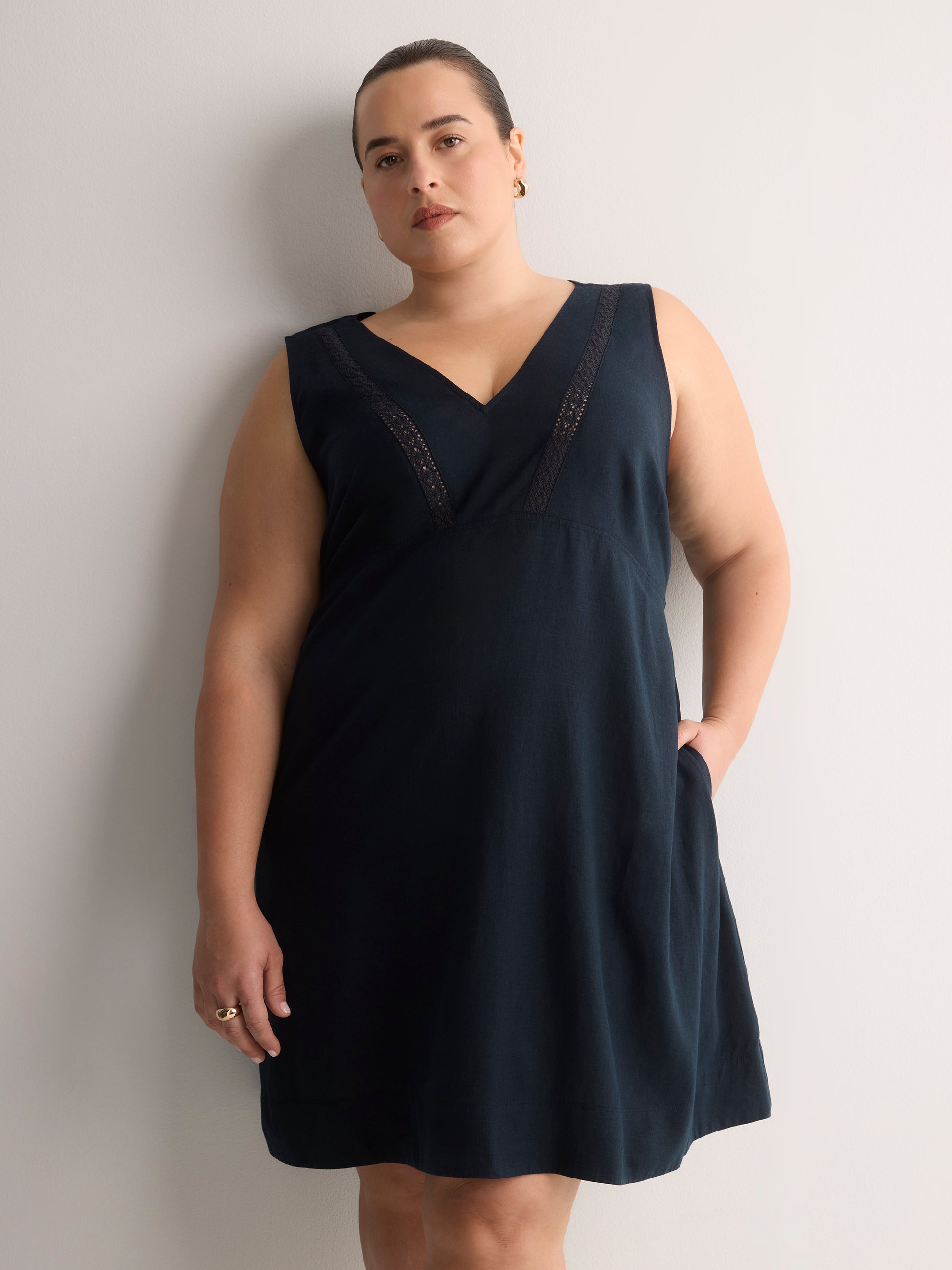 Linen Blend V-Neck Swing Dress with Crochet Tape