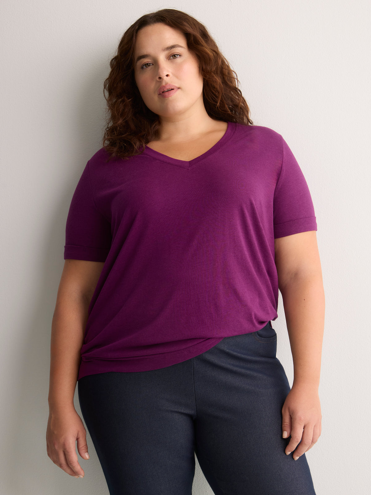 Boyfriend-Fit V-Neck Tee with Slits