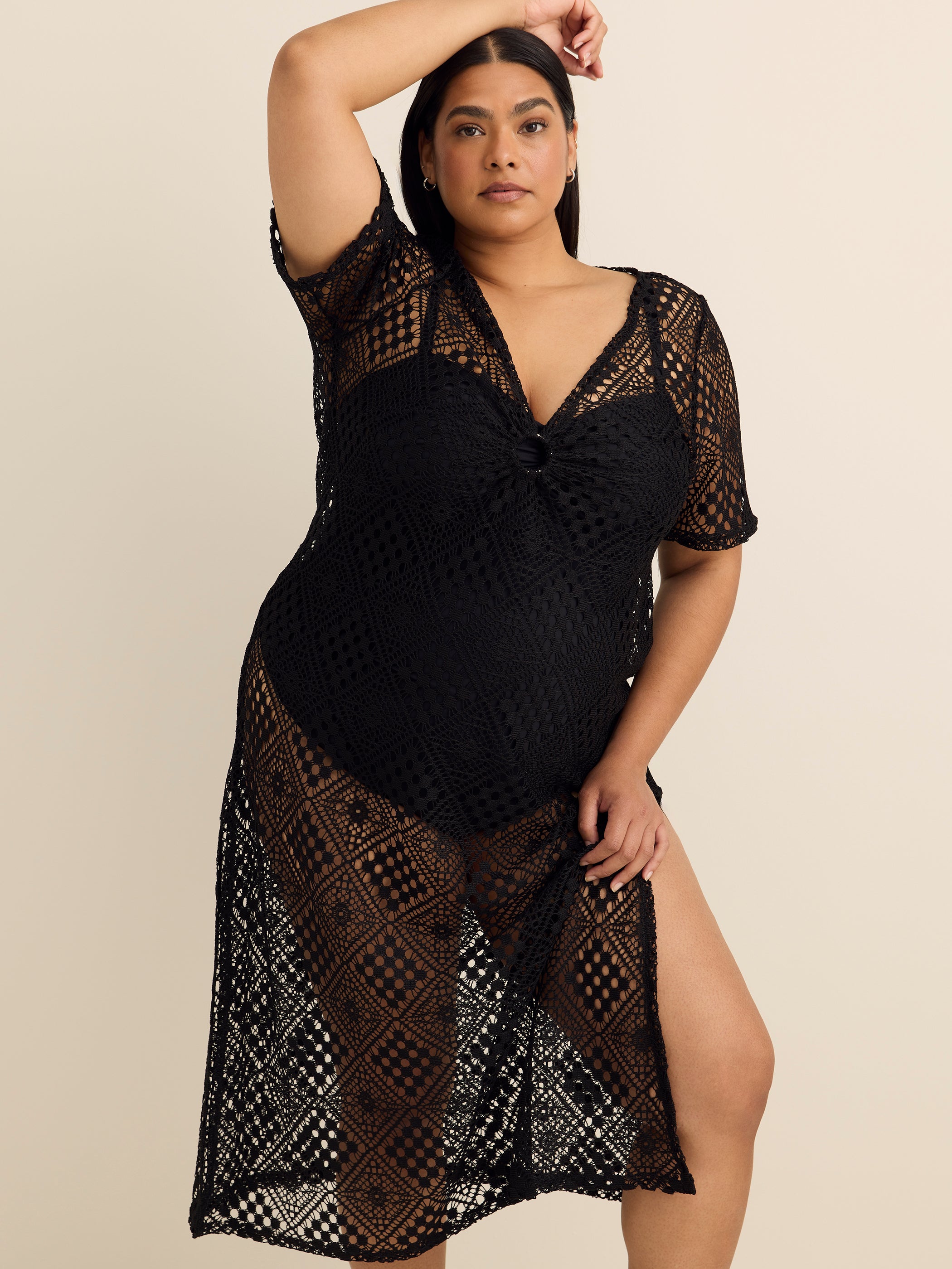 Long Crochet Knit Cover-Up Dress with Keyhole V-Neck - Cover Me