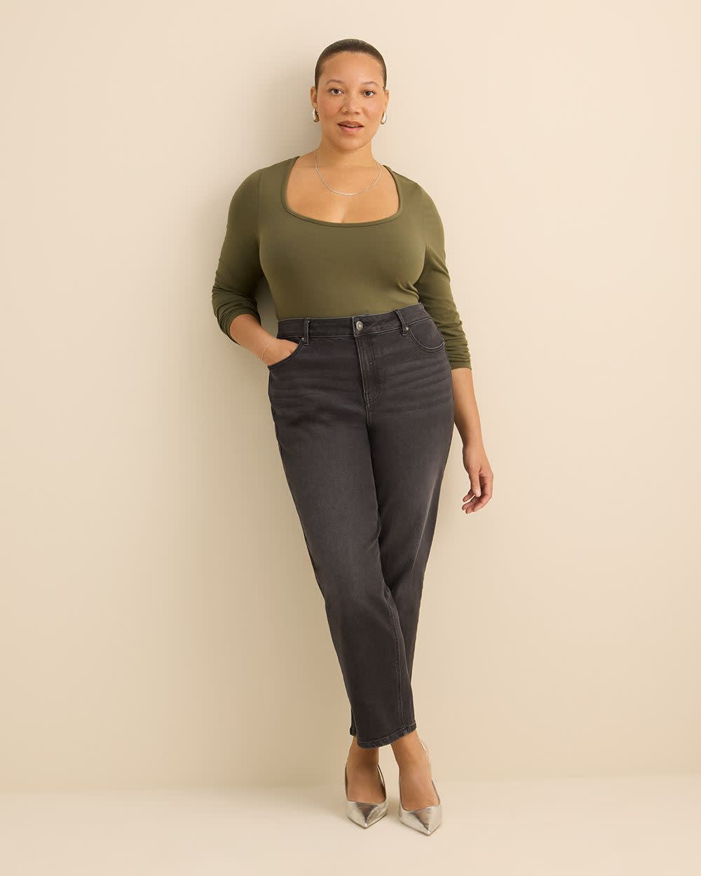 Rounded-Neck Long-Sleeve Top - Addition Elle