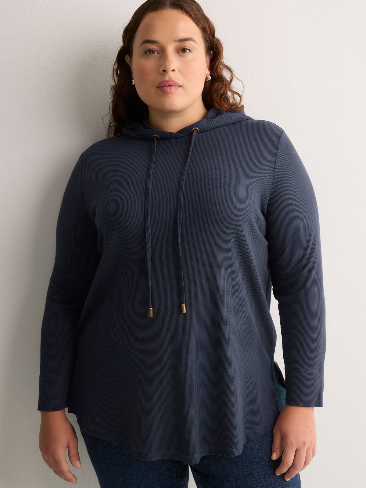 Long Straight Waffle Knit Hoodie