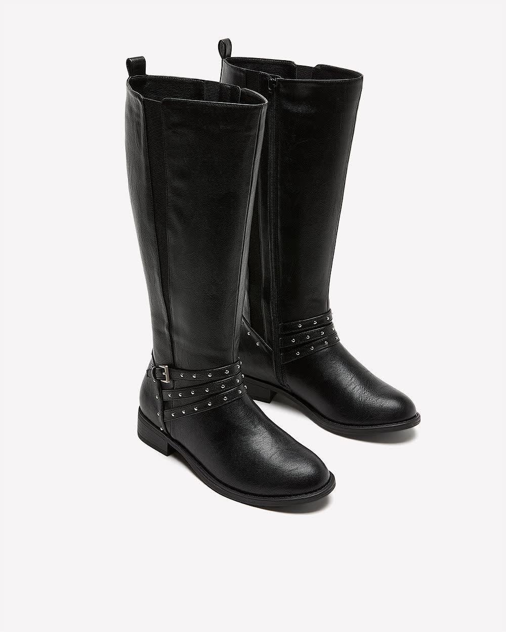 Extra Wide Width and Wide Calf, Tall Black Boot with Thin Studded Straps