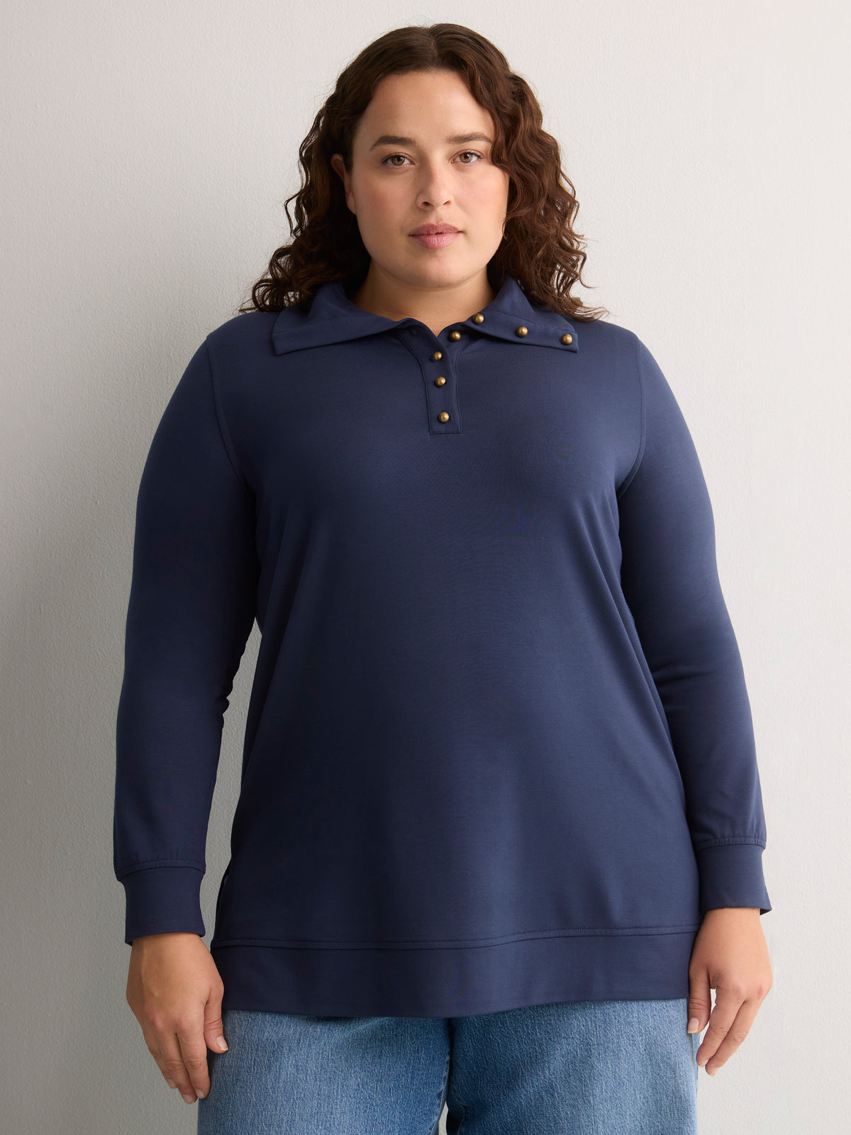 Loose French Terry Tunic Top with Buttoned Johnny Collar