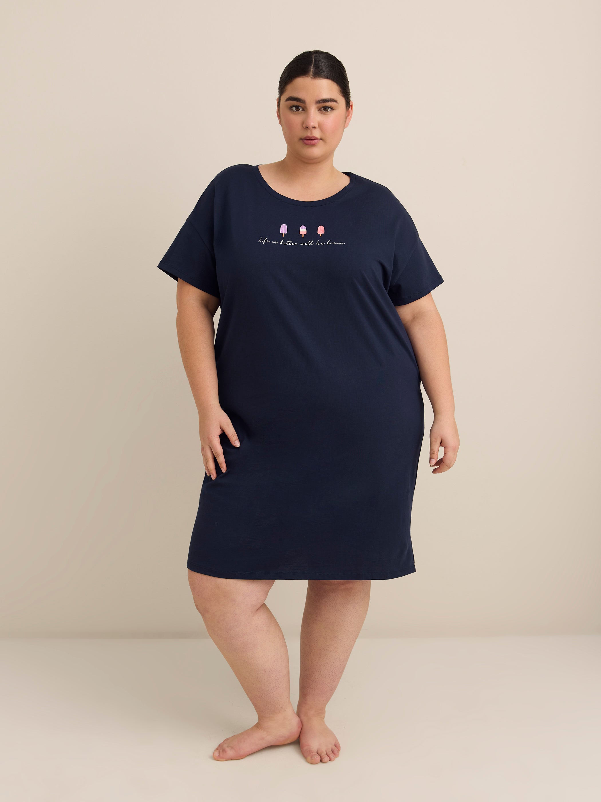 Black Short-Sleeve Sleepshirt with Ice Cream Placement Print - ti Voglio