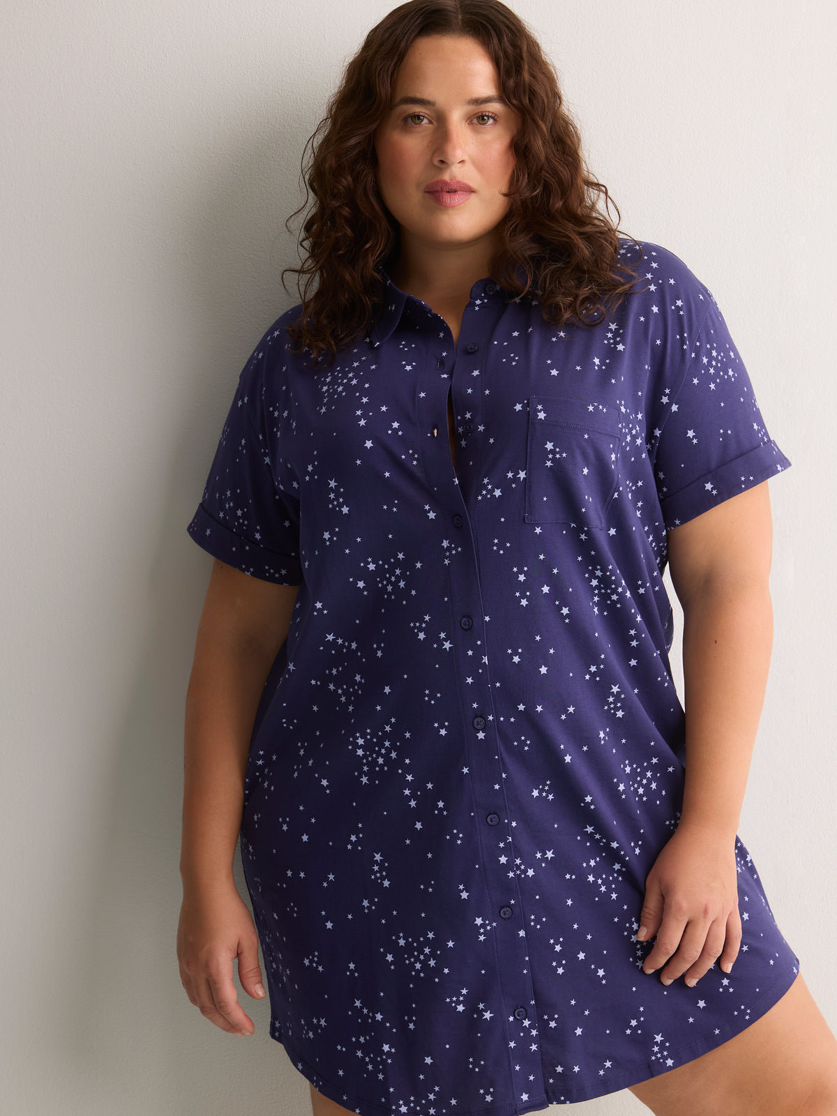 Mini-Star Print Short Buttoned-Down Sleepshirt - tiVOGLIO