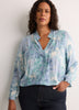 Responsible, Blue Floral A-Line Blouse with Split Ruffled Collar
