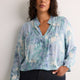 Responsible, Blue Floral A-Line Blouse with Split Ruffled Collar