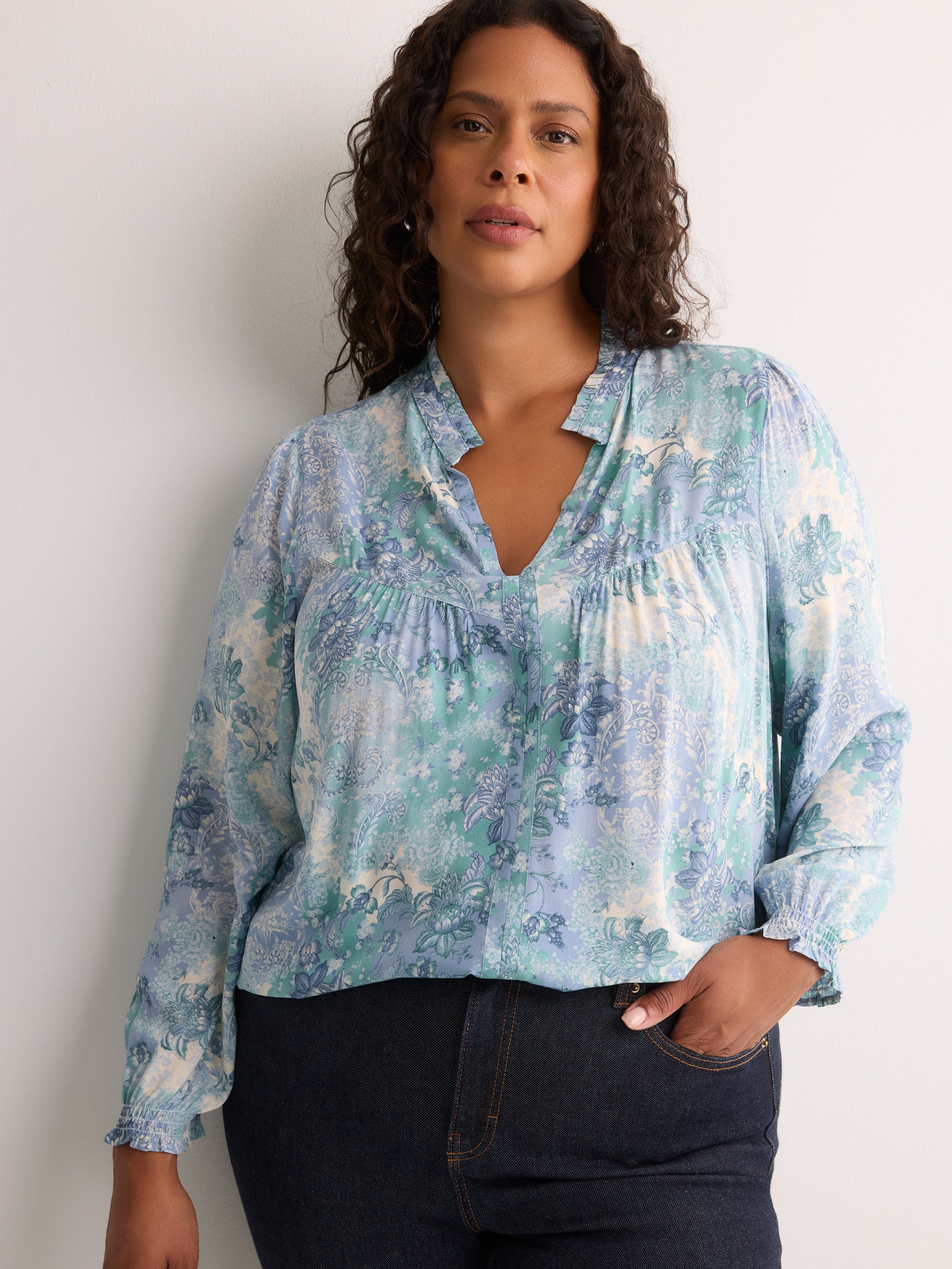 Responsible, Blue Floral A-Line Blouse with Split Ruffled Collar