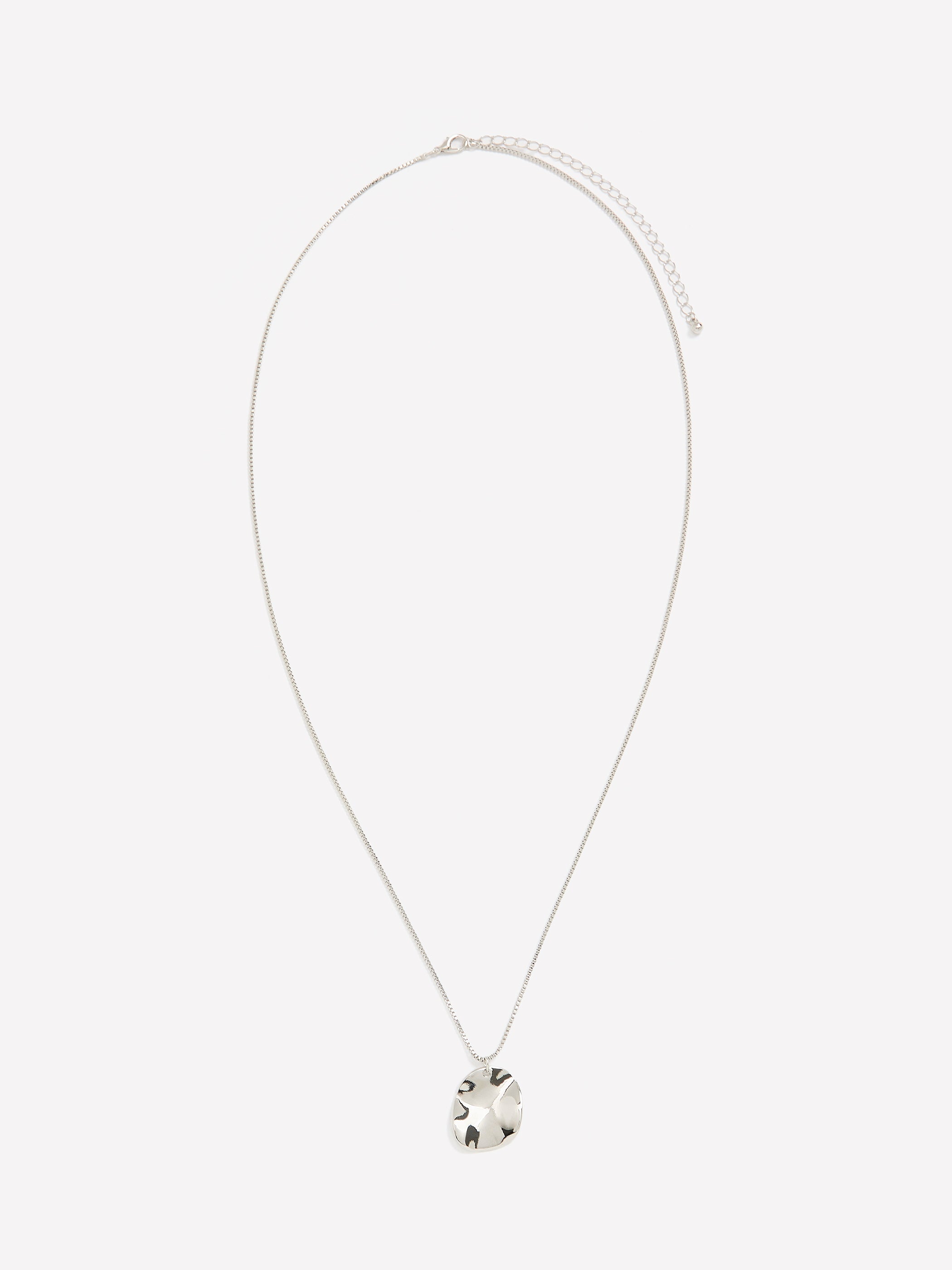 Long Silver Necklace with Hammered Charm