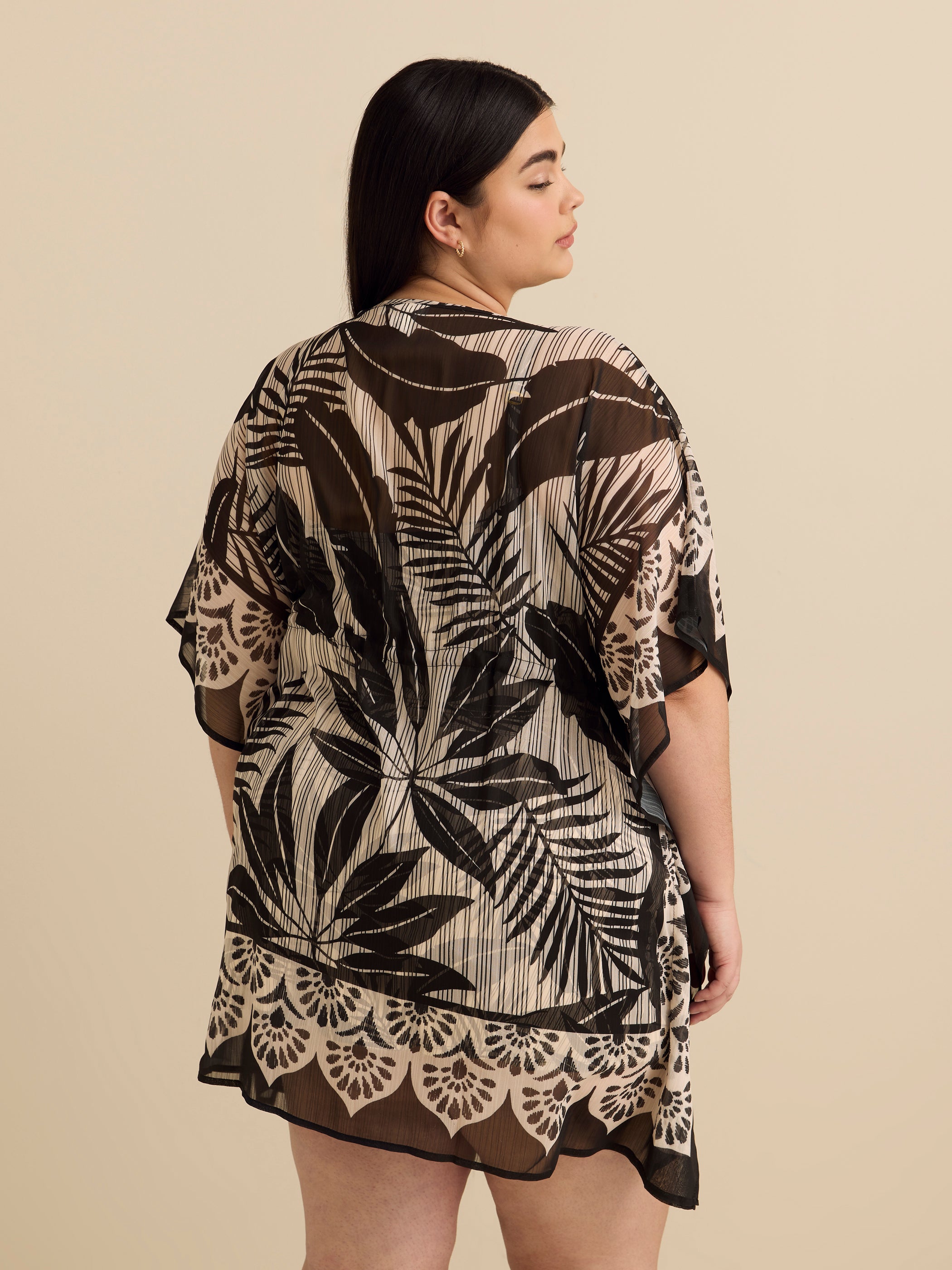 Caftan noir et blanc à motif de feuillage - Bleu Rod Beattie