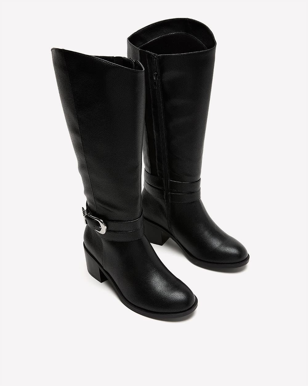 Extra Wide Width and Wide Calf, Tall Black Block-Heel Boot with Double Wrap Strap