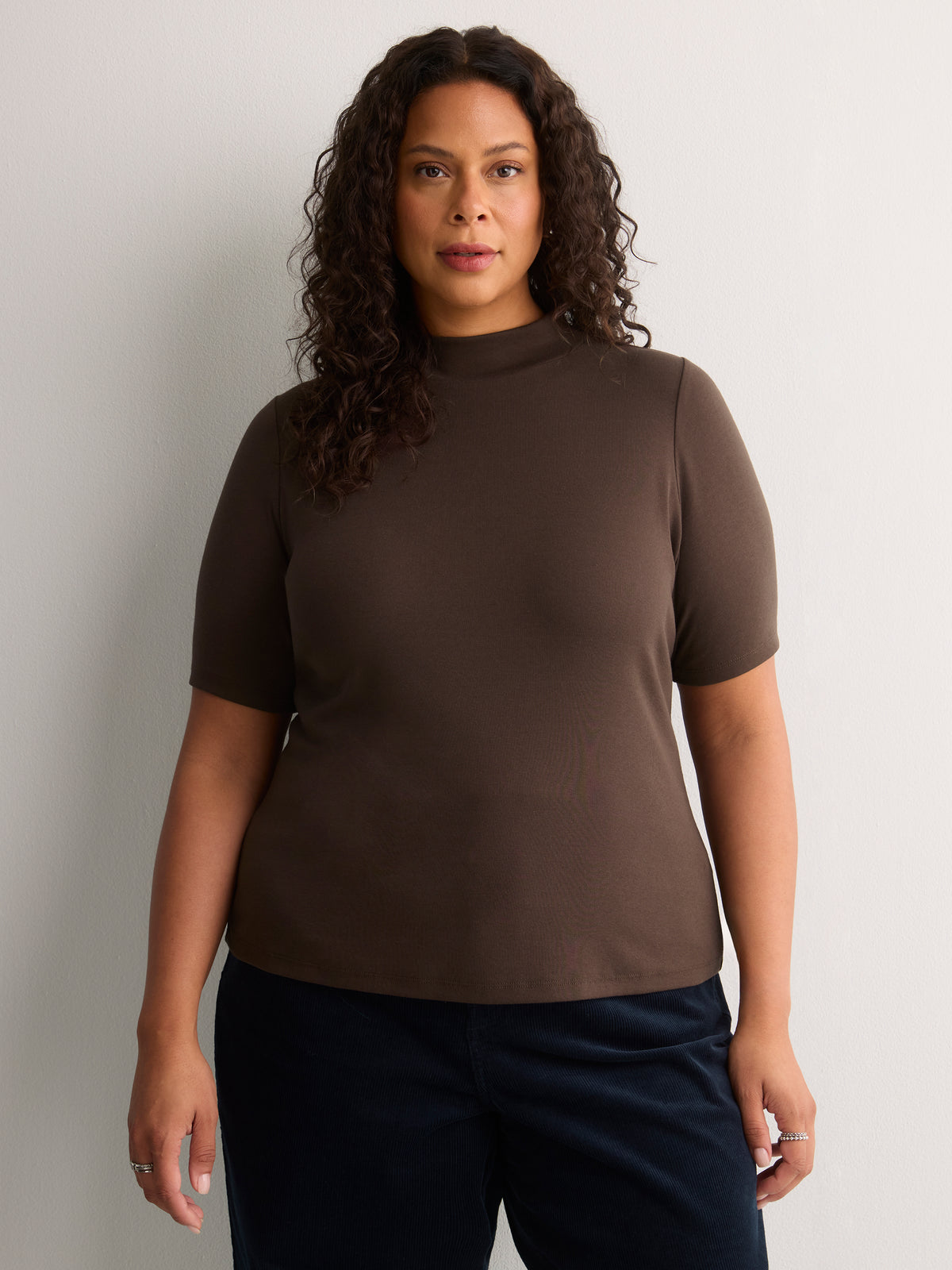 Fitted Mock-Neck Elbow-Sleeve Rib Knit Top