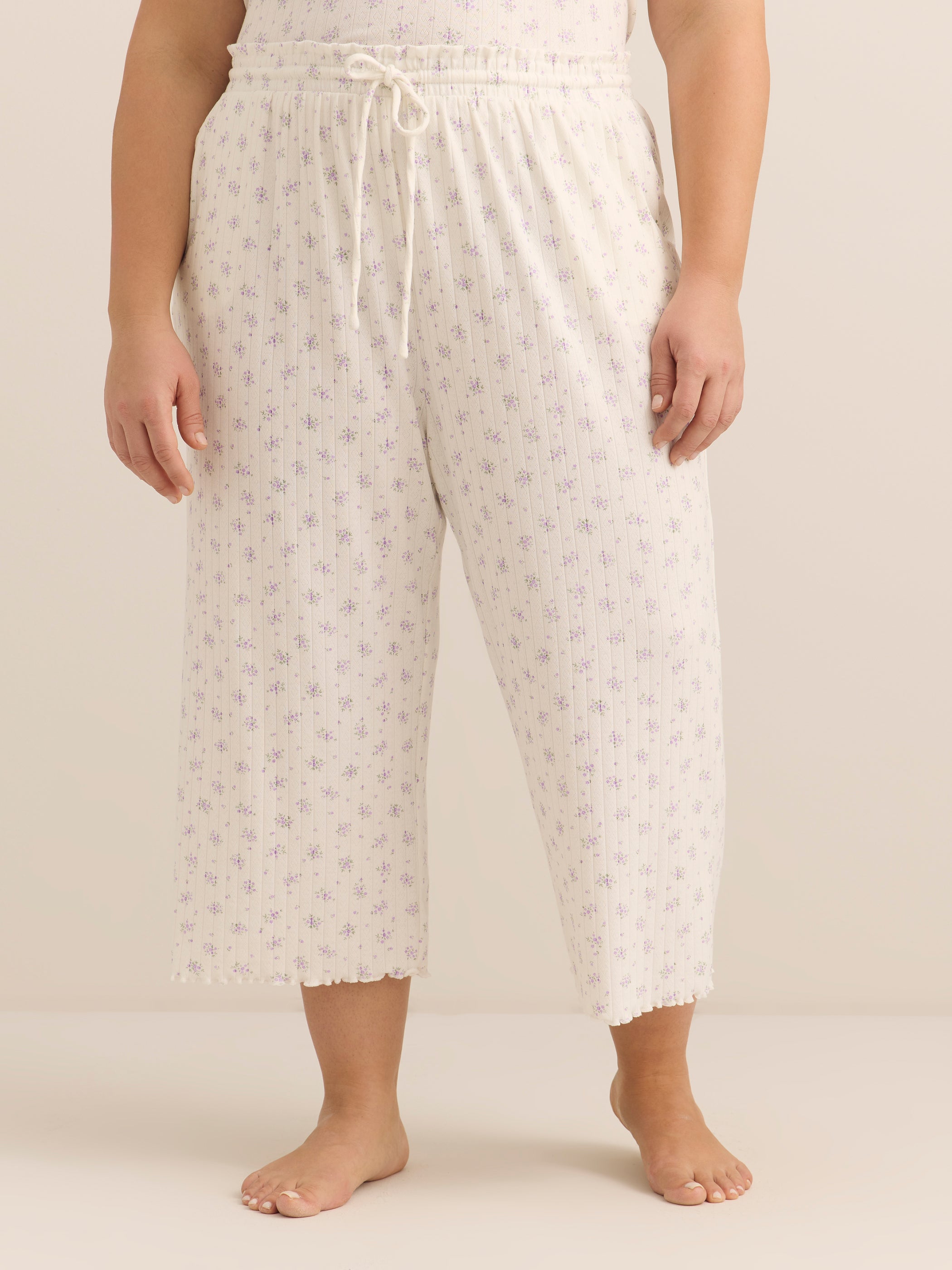 White Floral Pointelle Wide-Leg Capri Pyjama Pant - ti Voglio