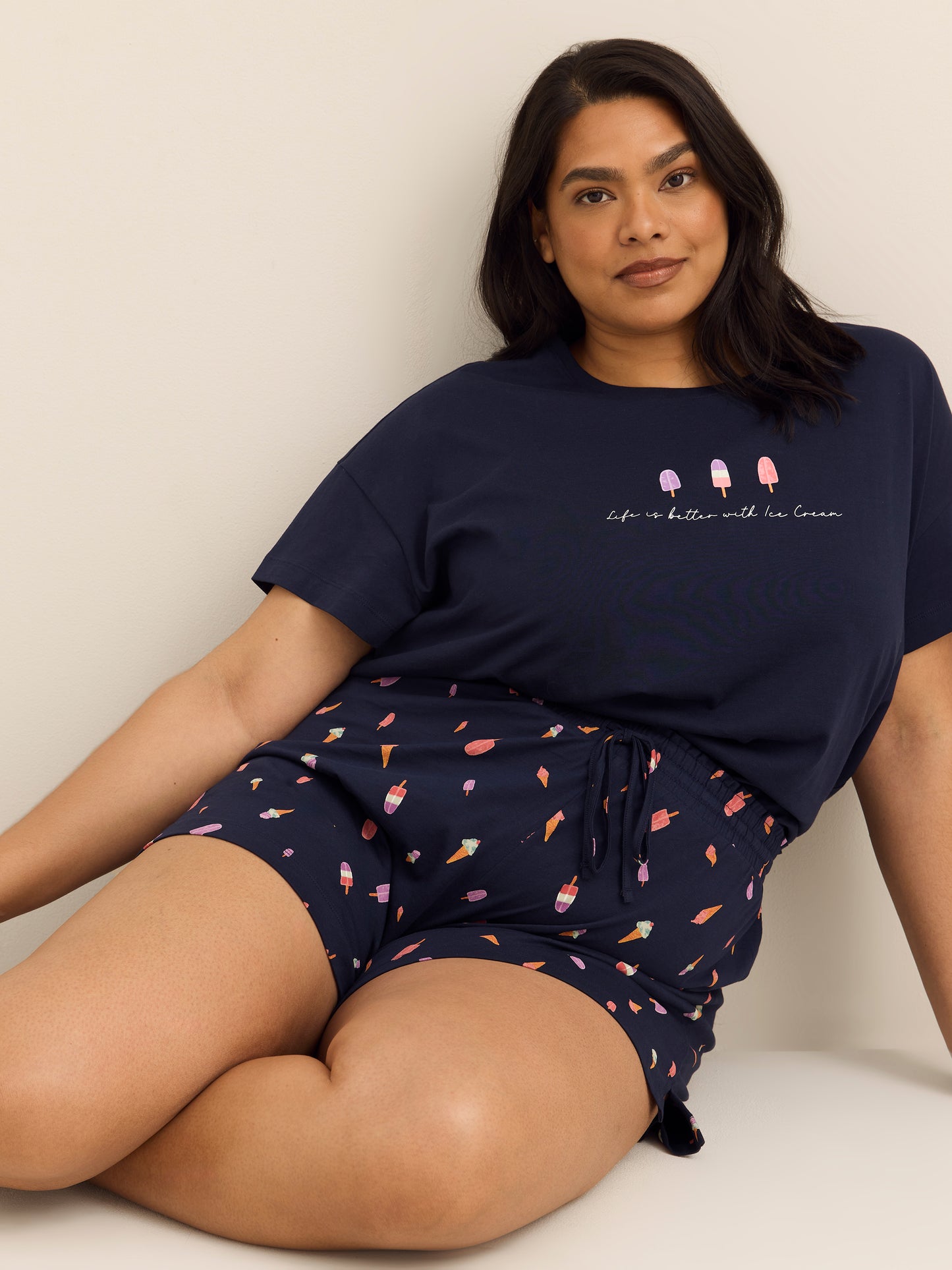 Navy Blue T-Shirt and Boxer Pyjama Set with Ice Cream Print - ti Voglio