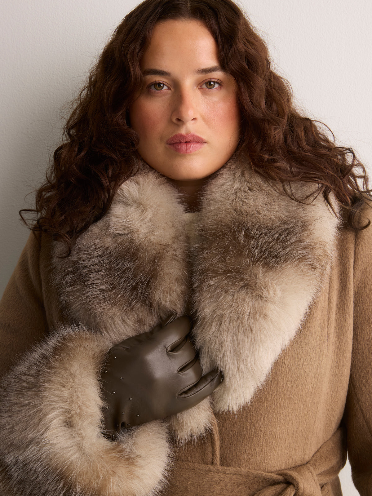 Long Belted Coat with Faux-Fur Collar and Cuffs