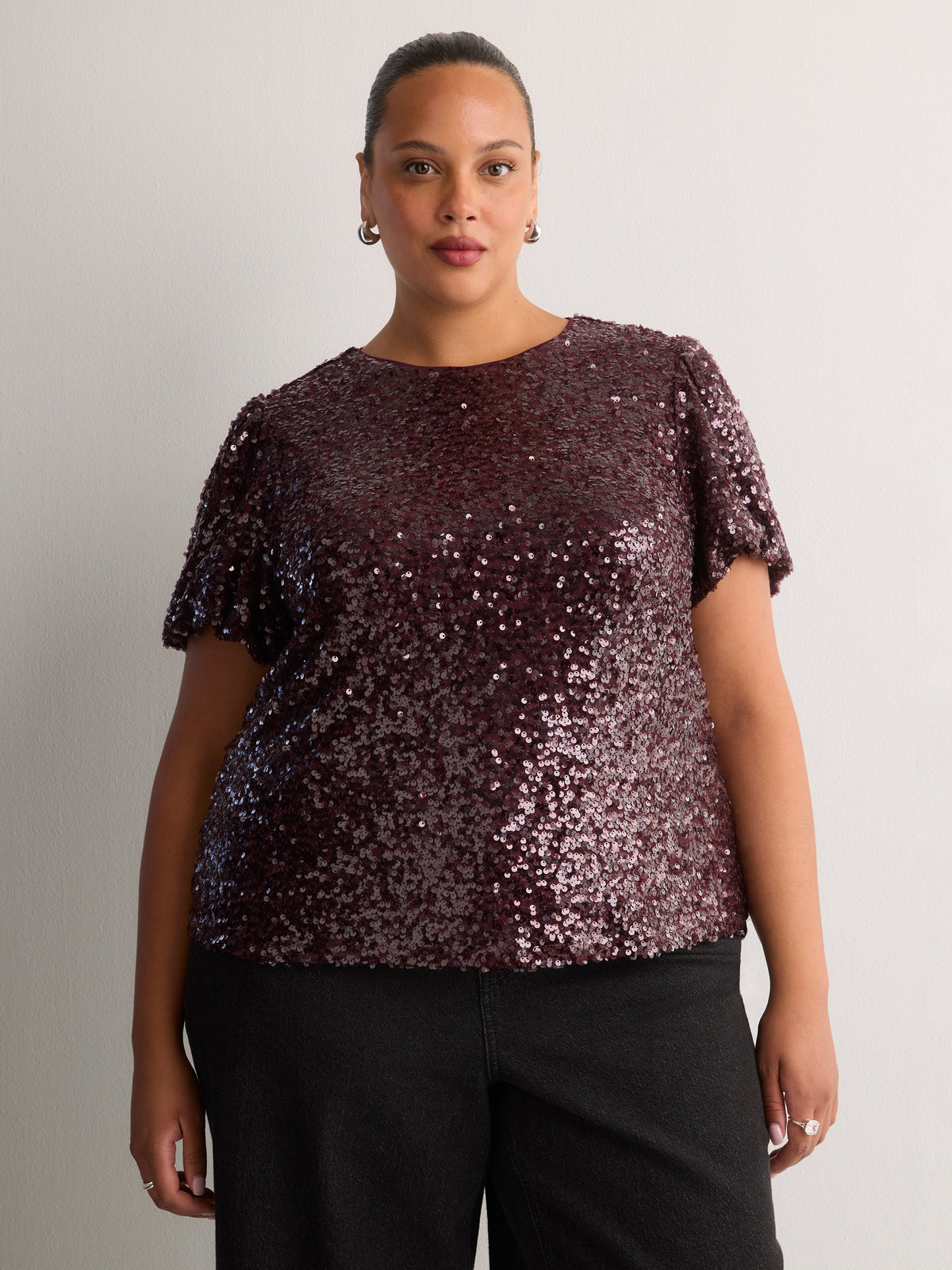 Straight Bubble-Sleeve Sequin Top