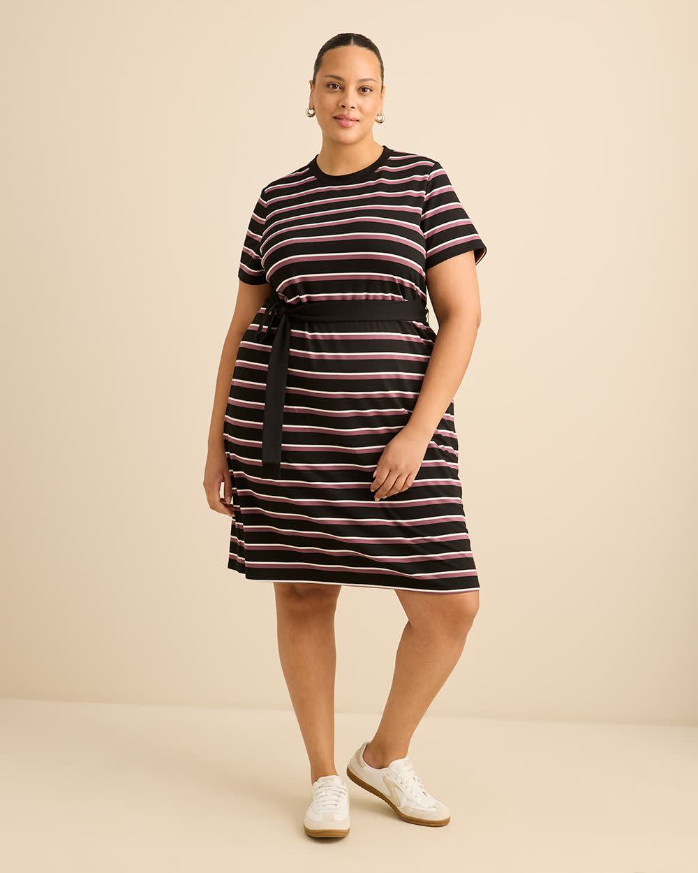 Black Striped Knit Dress with Removable Belt