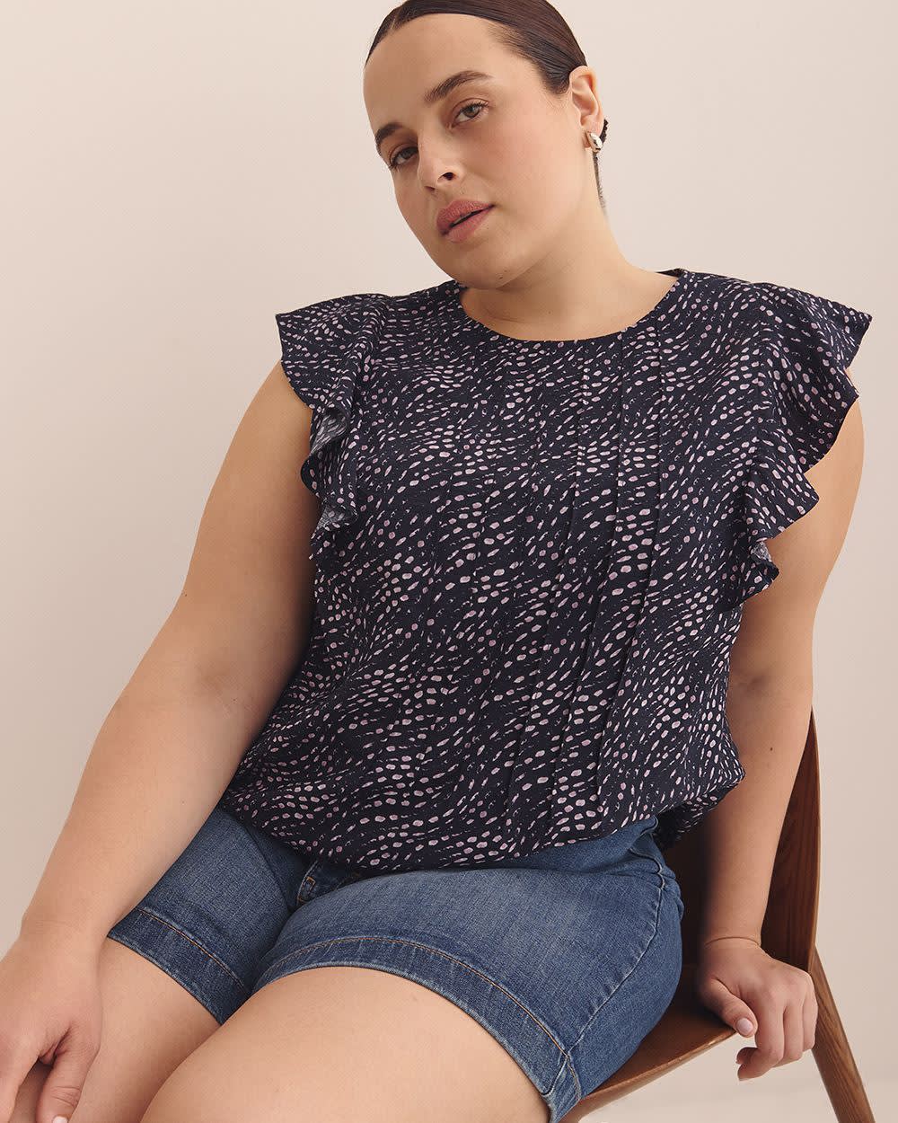 Short Sleeve Ruffle Blouse with Pintucks Detail