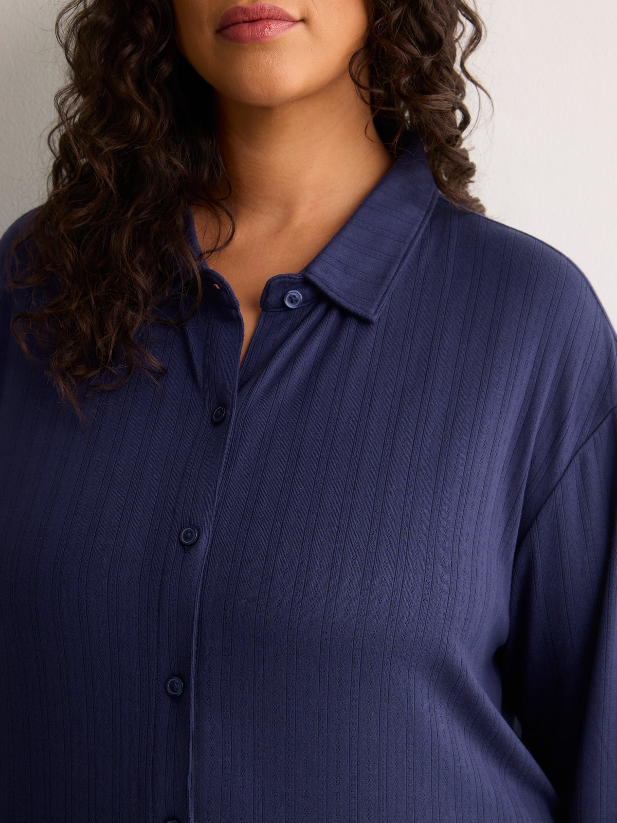Dark Blue Buttoned-Down Pointelle Pyjama Shirt - tiVOGLIO