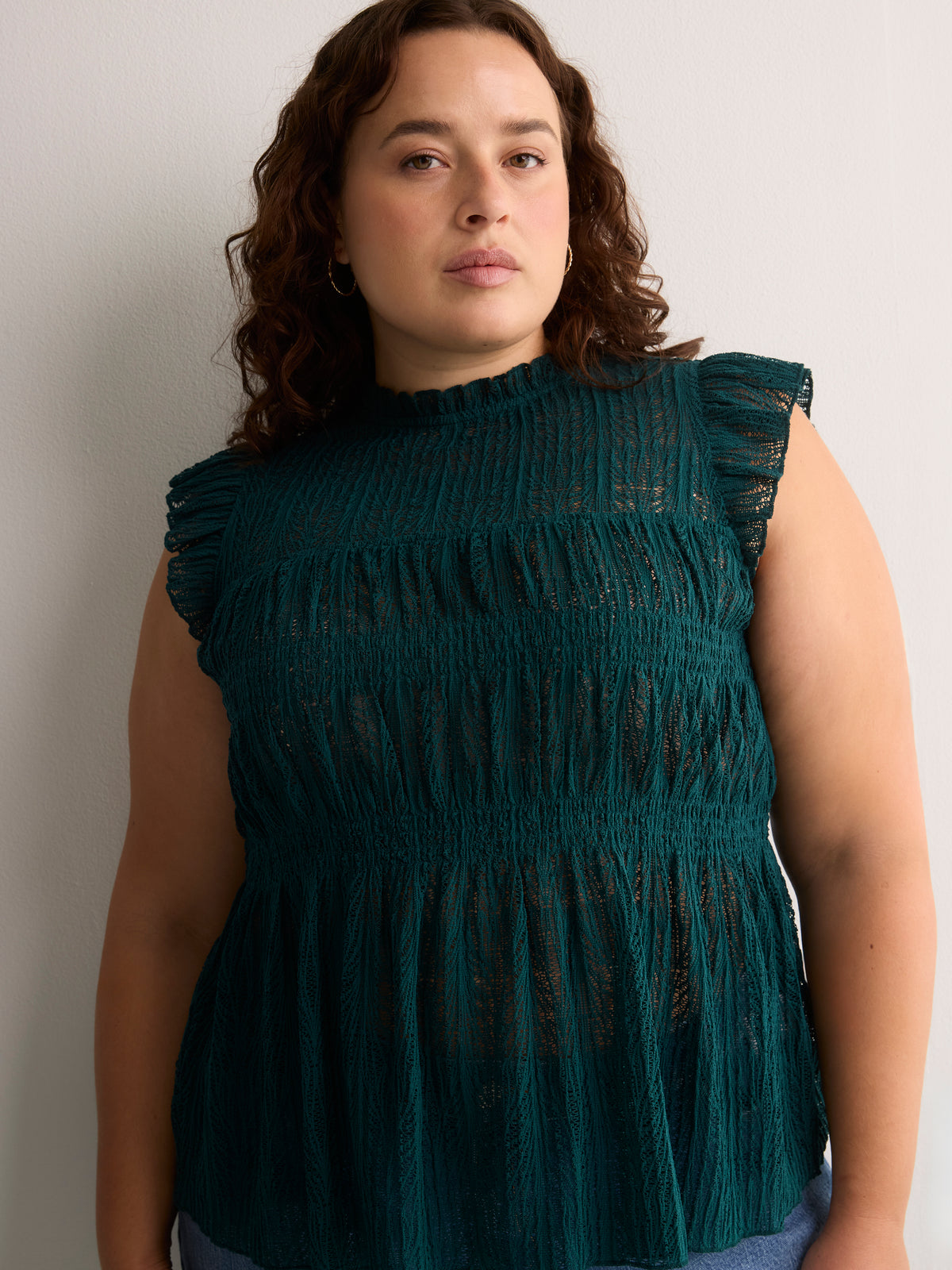 Smocked Lace Swing Top with Short Flutter Sleeves