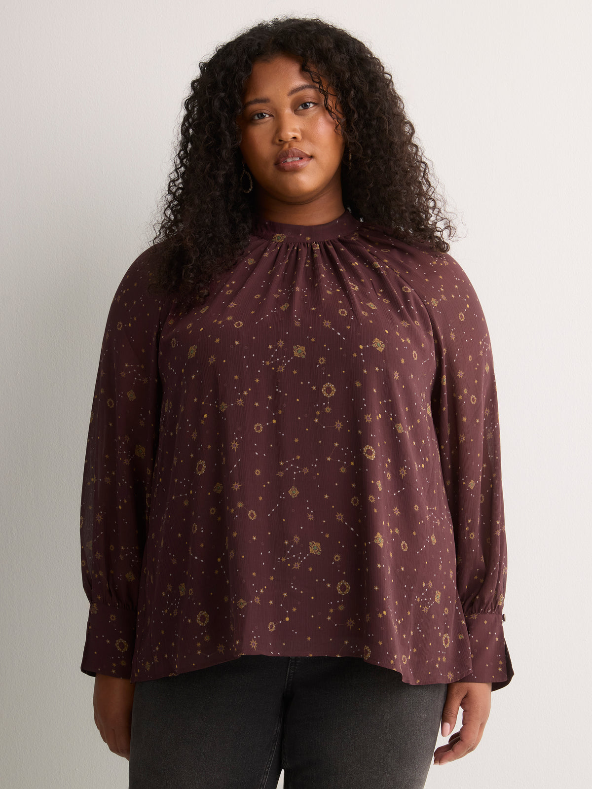 Chiffon Shirred Mock-Neck A-Line Blouse