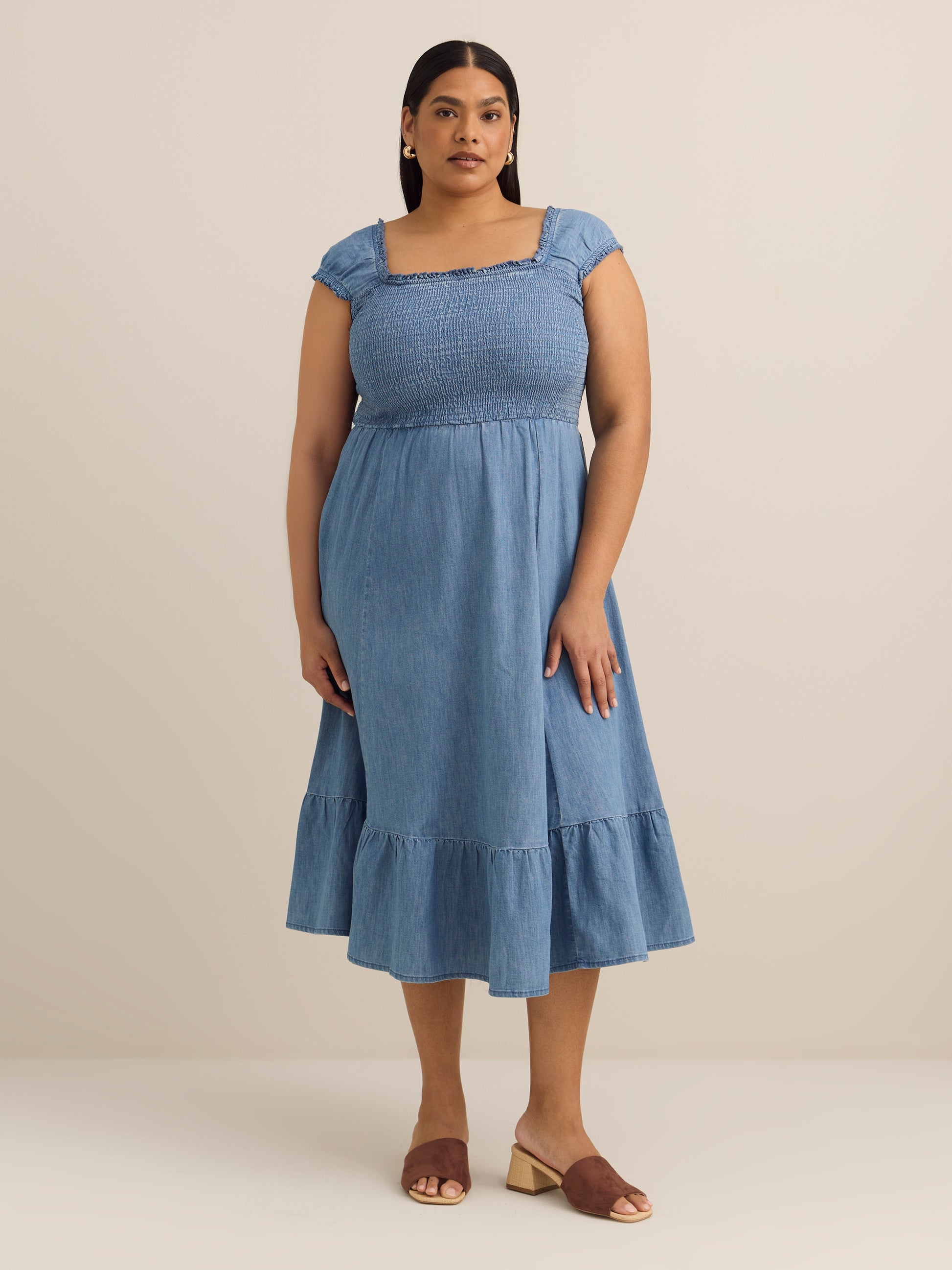 Smocked Denim Maxi Dress with Cap Sleeves