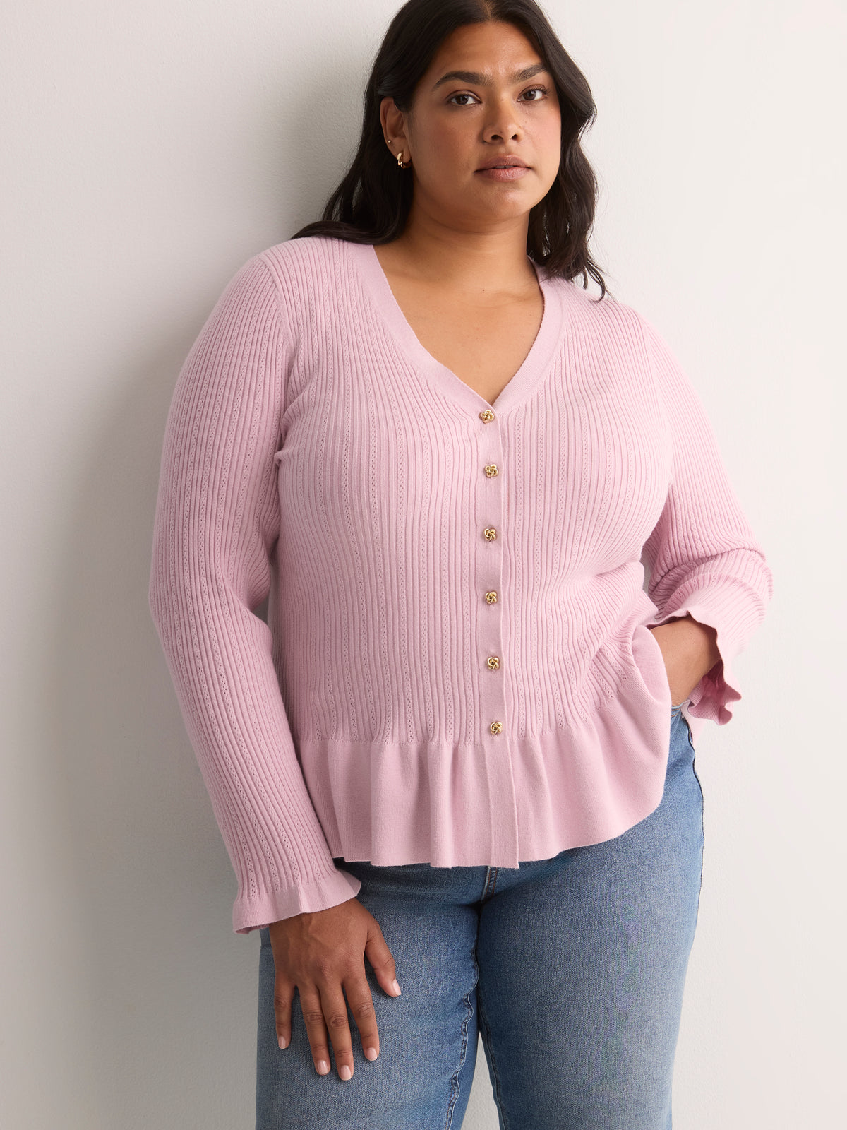 Responsible, Fit and Flare Peplum Button-Down Sweater