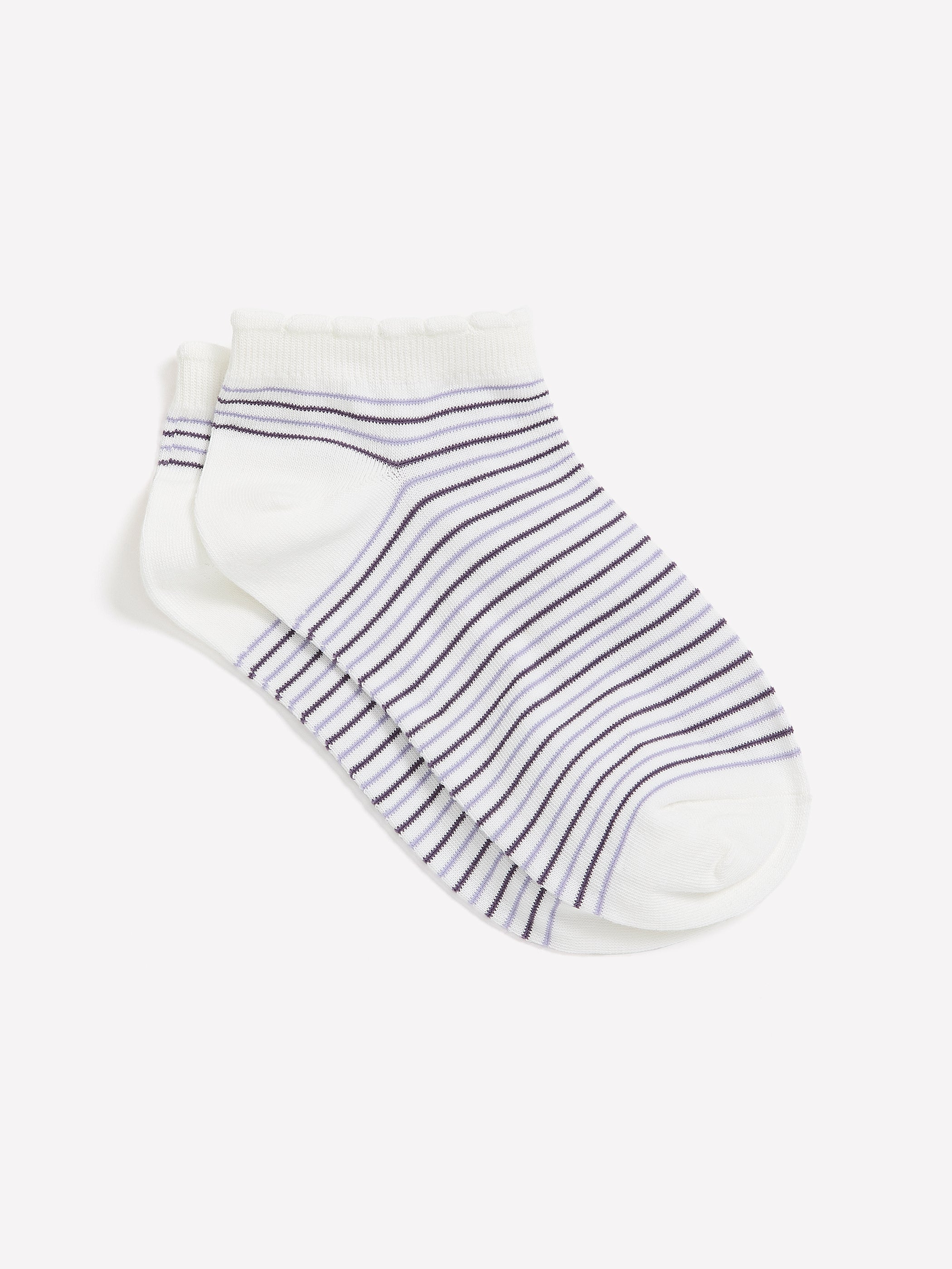 White Striped Ankle Socks with Scalloped Edge