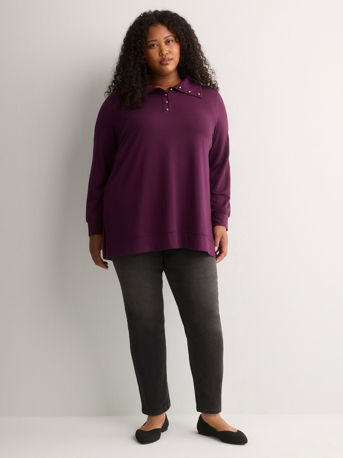 Loose French Terry Tunic Top with Buttoned Johnny Collar