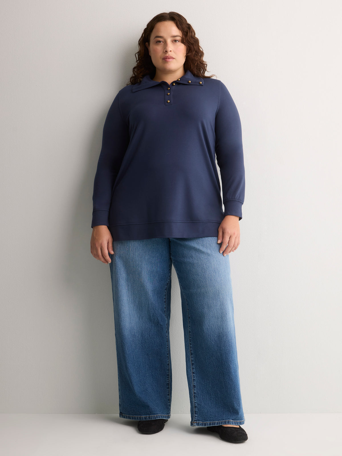 Loose French Terry Tunic Top with Buttoned Johnny Collar
