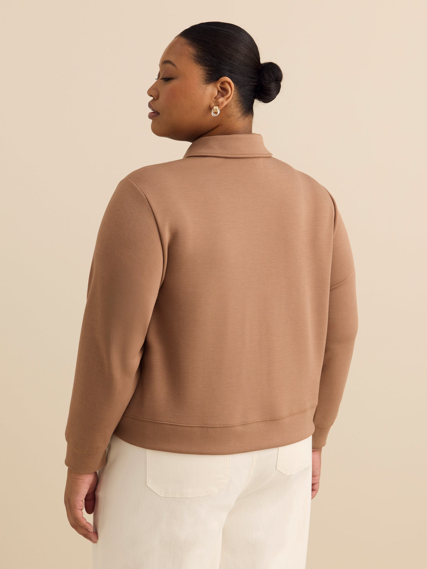 Neoprene Bomber Knit Top with Shirt Collar