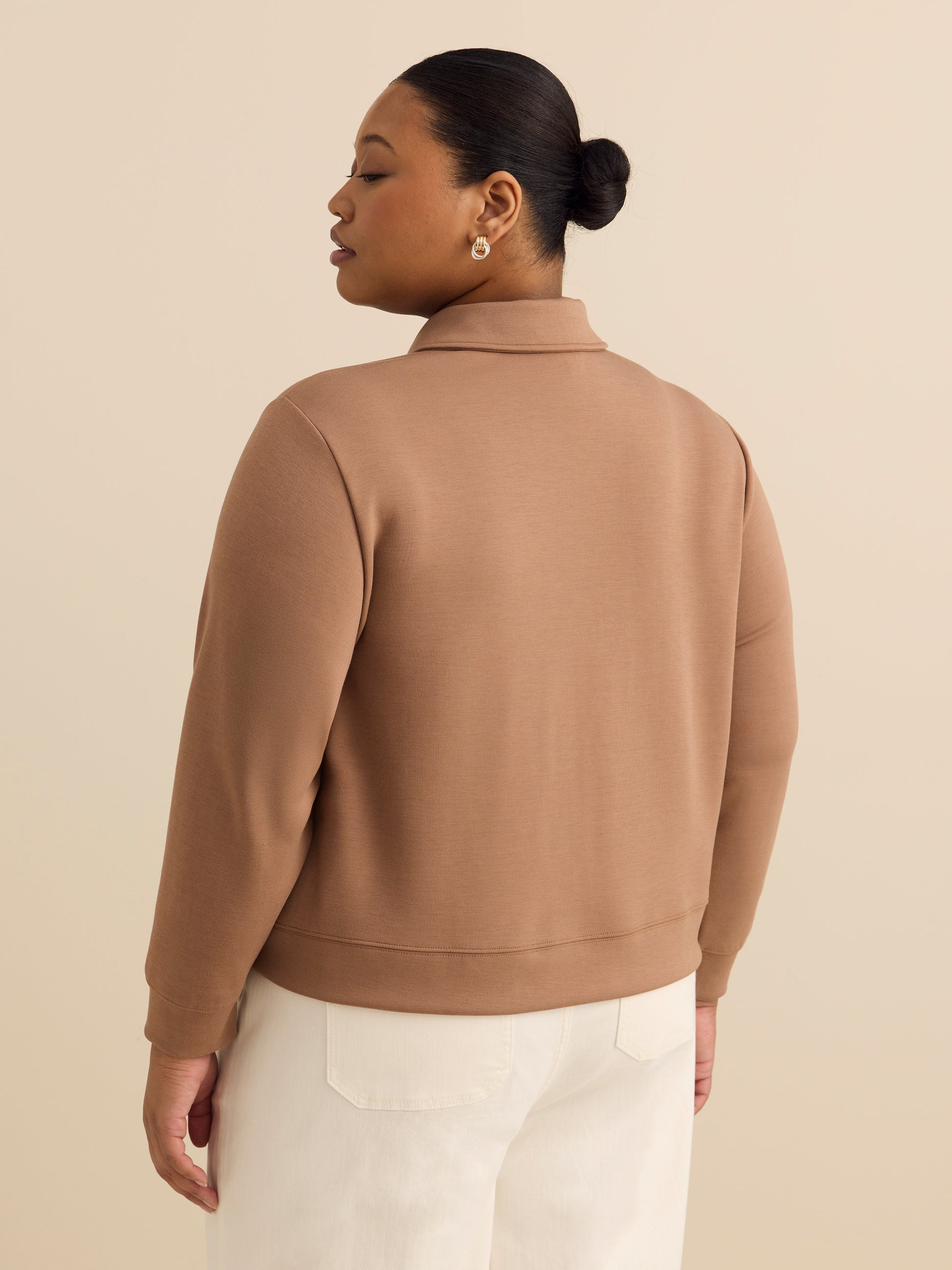 Neoprene Bomber Knit Top with Shirt Collar