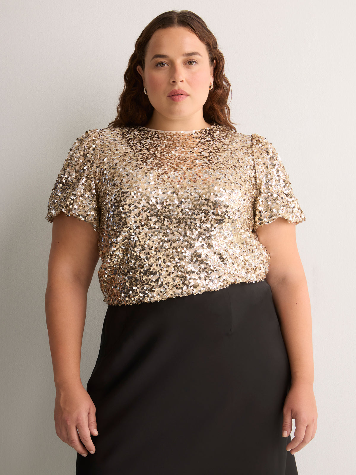 Straight Bubble-Sleeve Sequin Top