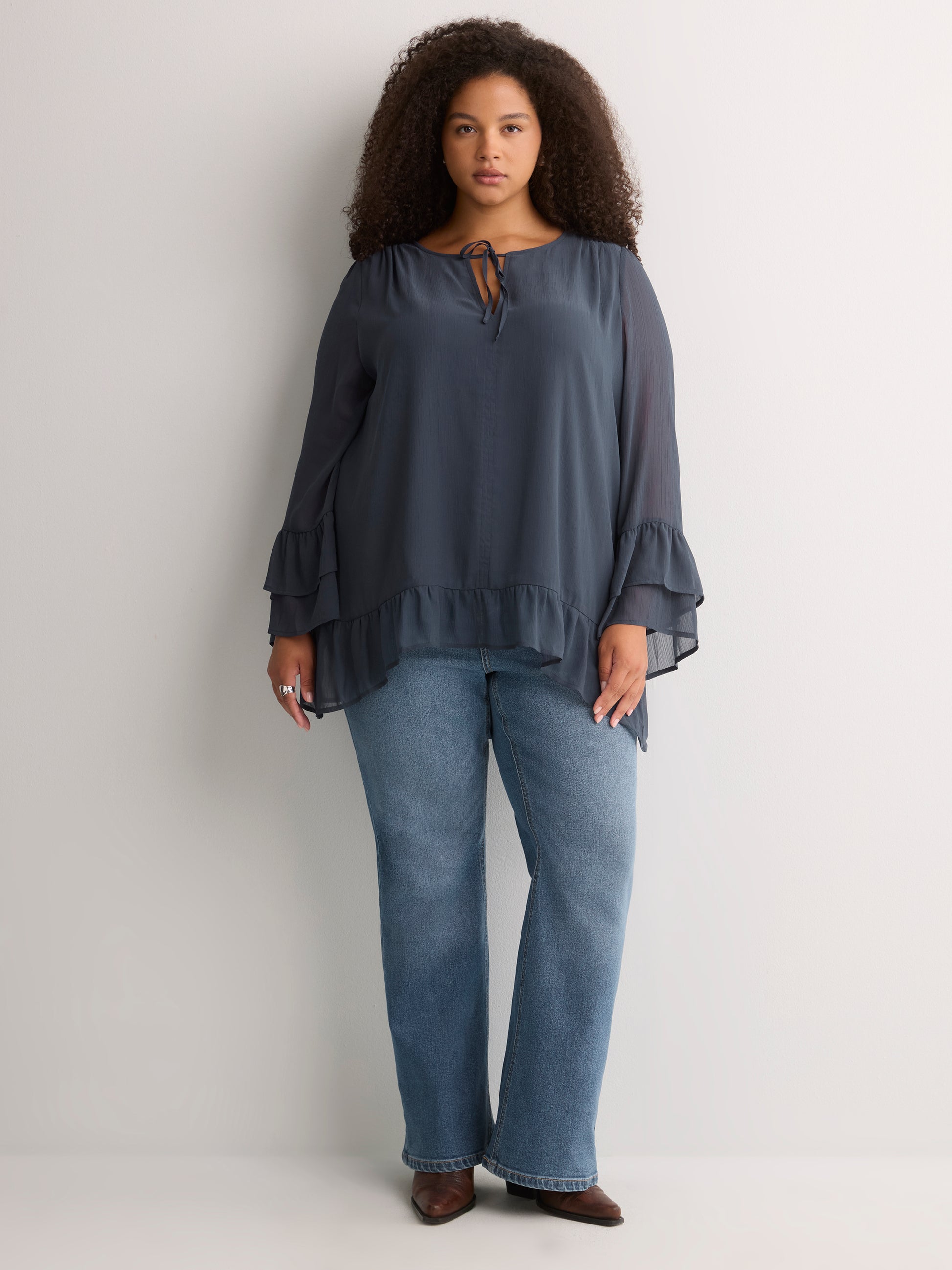 Split-Neck Long Flounce Sleeve Asymmetrical Blouse