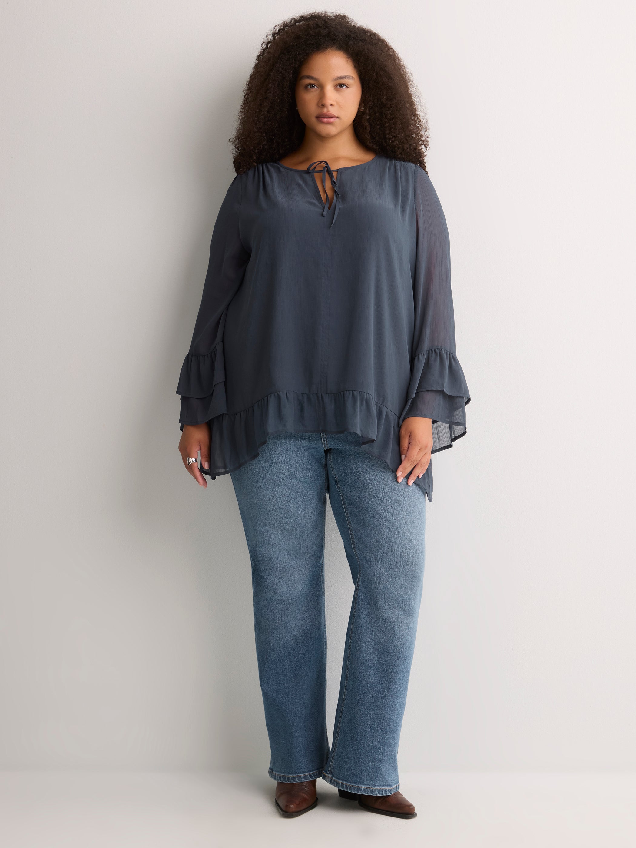 Split-Neck Long Flounce Sleeve Asymmetrical Blouse