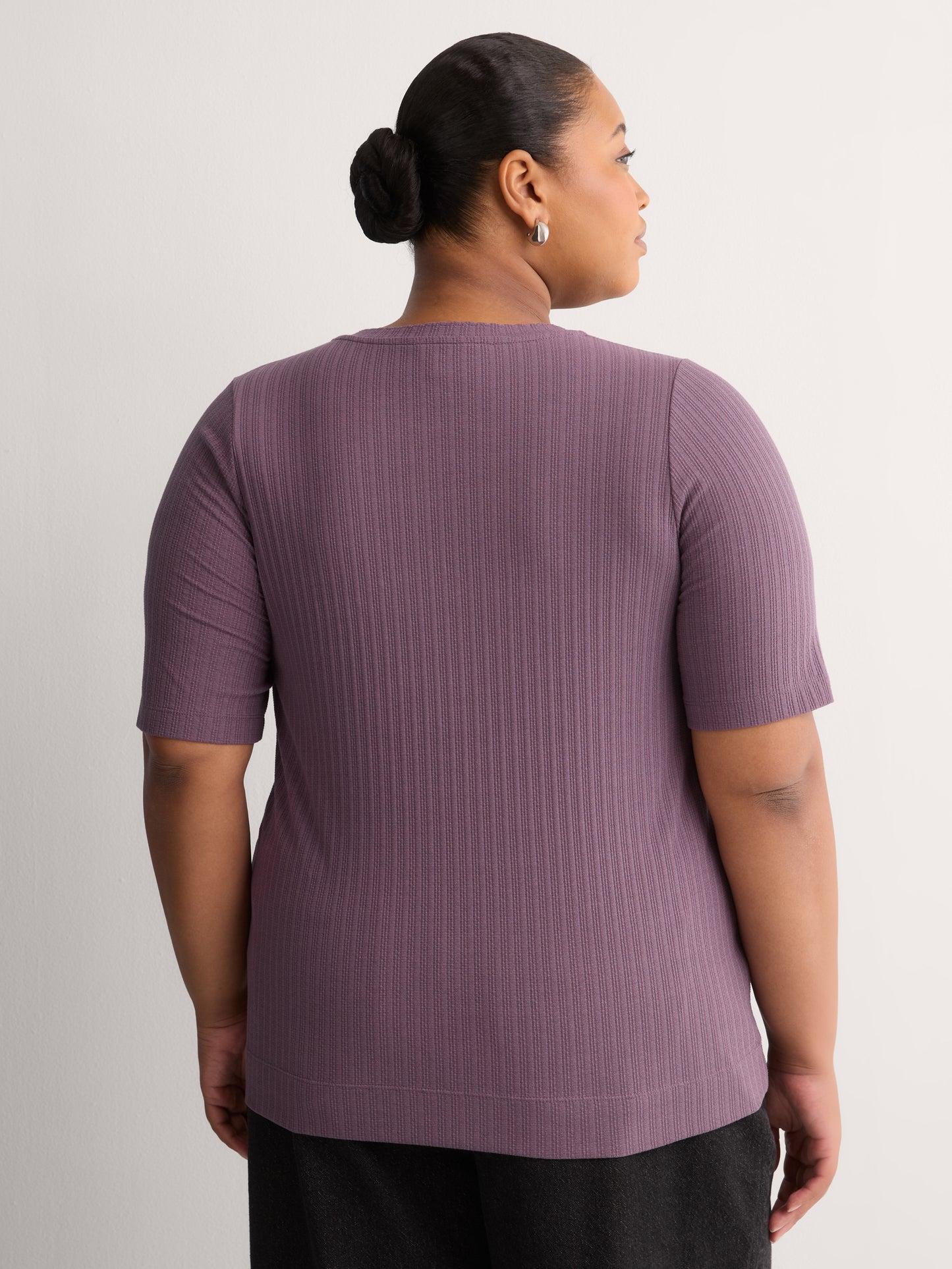 Straight Elbow-Sleeve Plum Pointelle Knit Henley Top