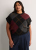 Loose Extended-Sleeve Argyle Fuzzy Yarn Short Sweater