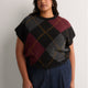 Loose Extended-Sleeve Argyle Fuzzy Yarn Short Sweater