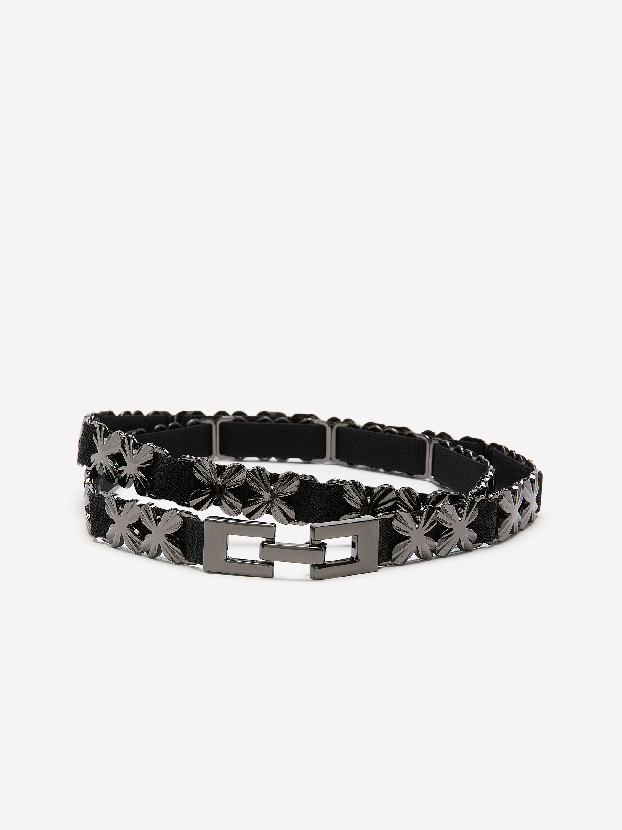 Black Stretch Belt with Floral Metal Links