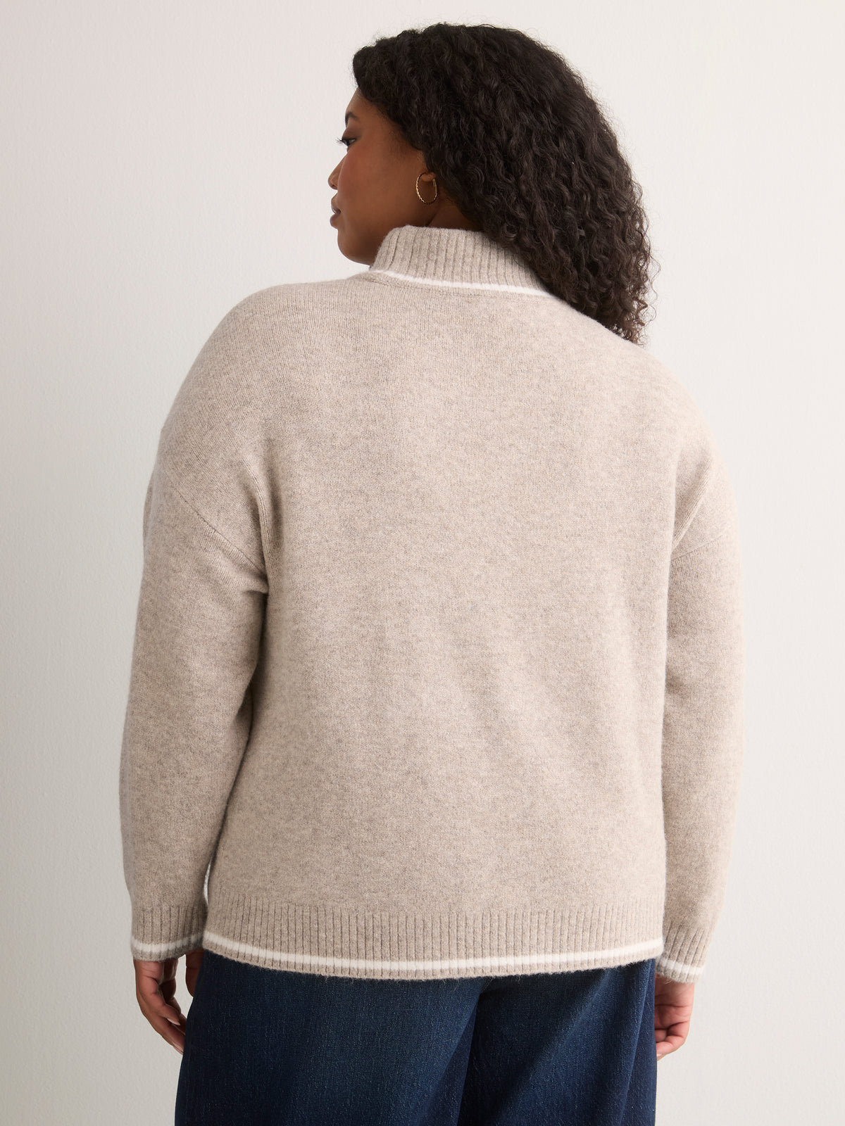 Beige Loose-Fit Mock-Neck Sweater with Embroidered Cats