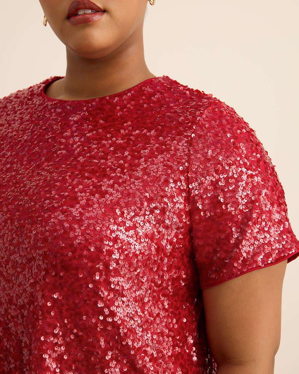 Red Short-Sleeve Sequins Knit Top