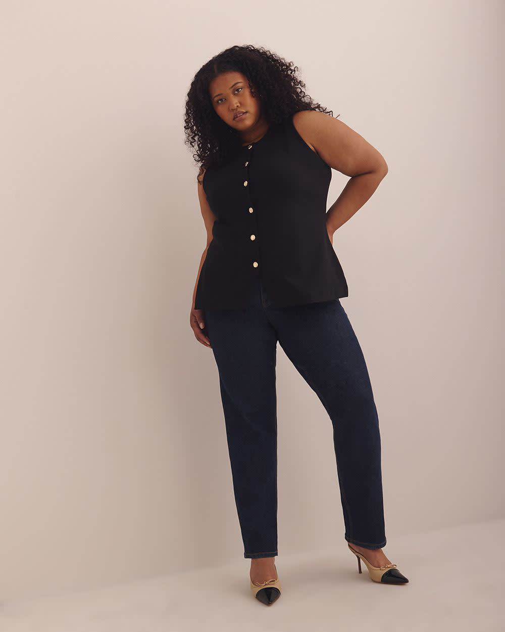 Button-Up Knit Crew Neck Vest