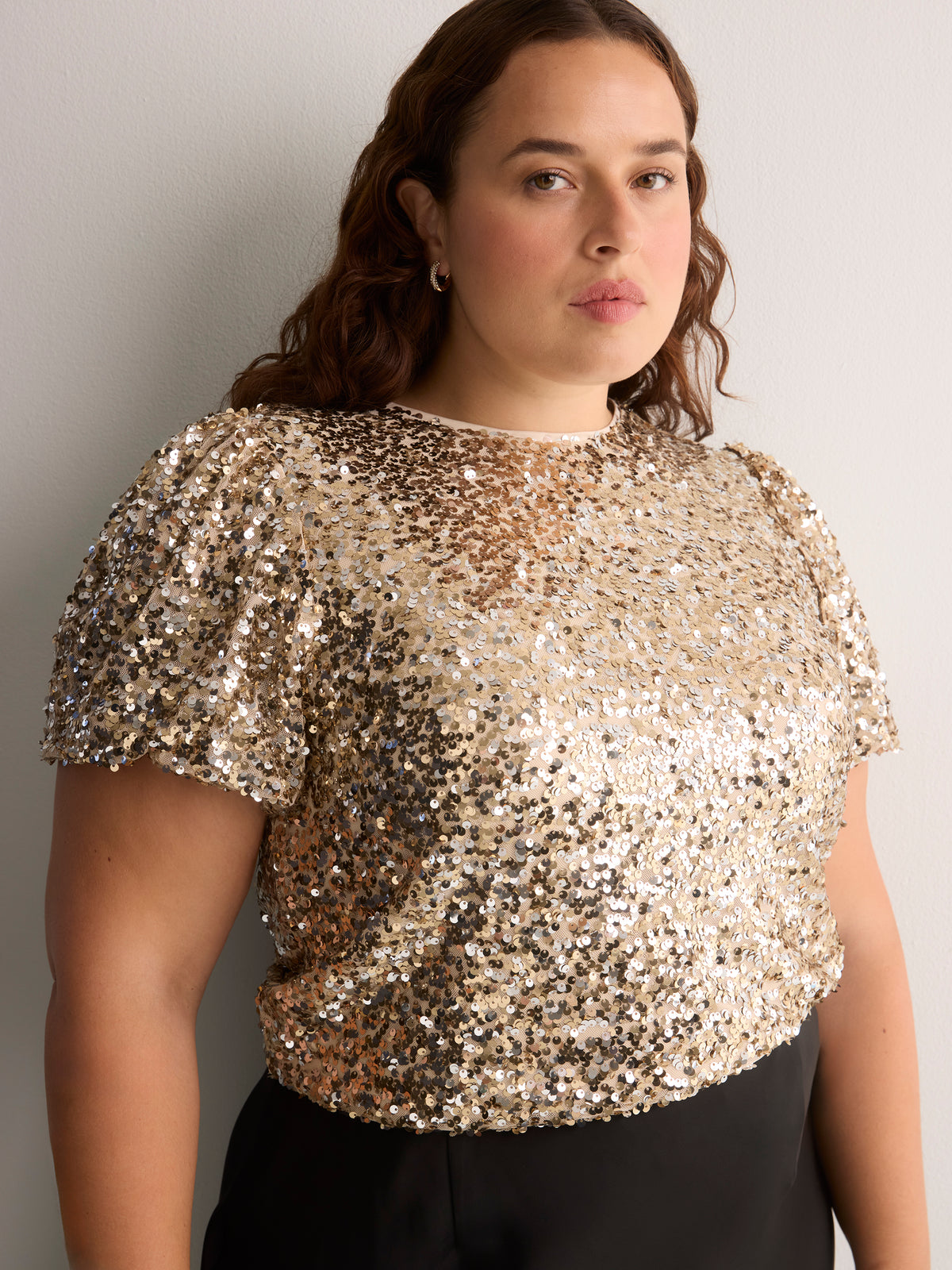 Straight Bubble-Sleeve Sequin Top