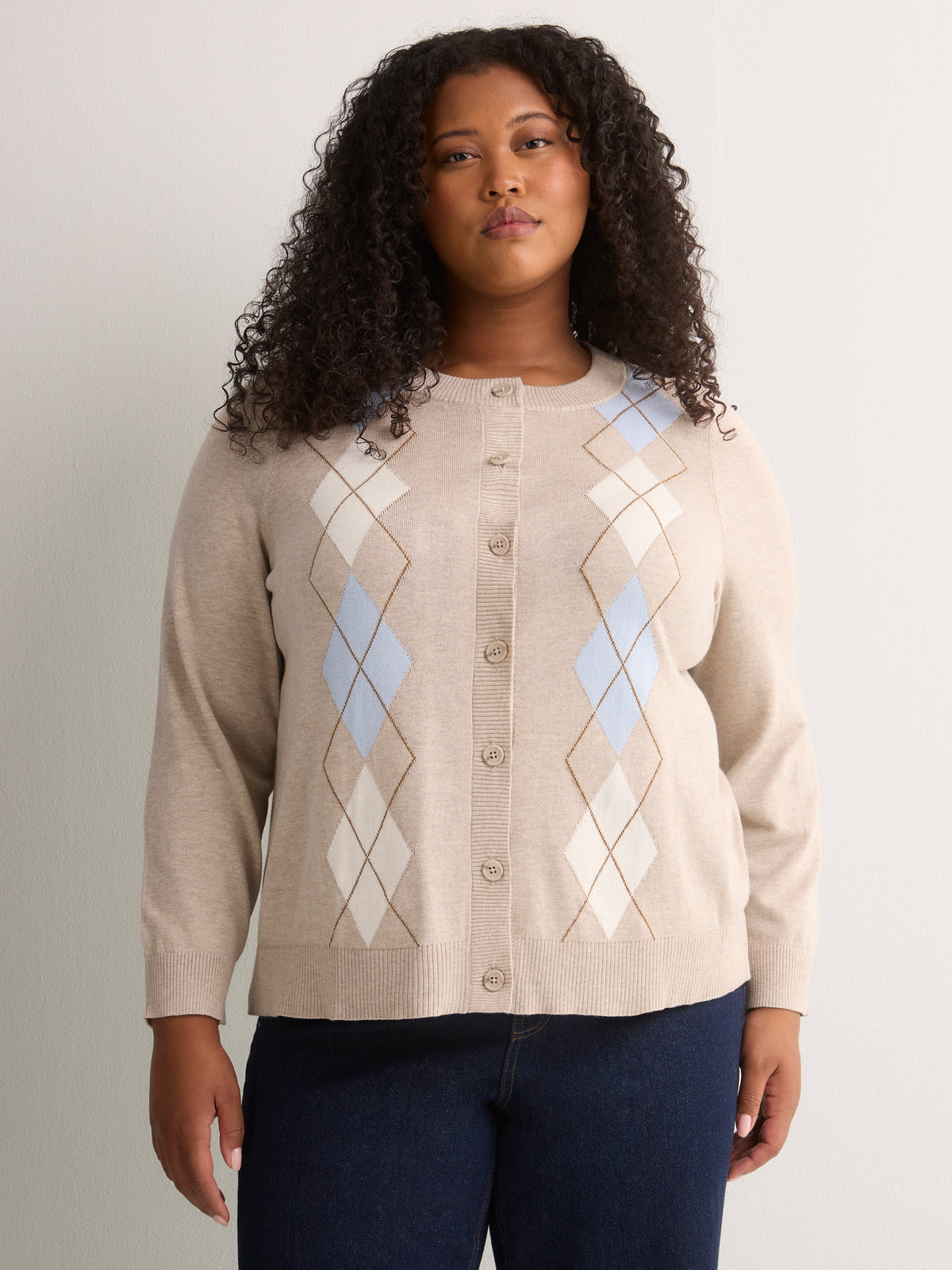 Cardigan boutonné à col rond en mélange de coton à motif argyle, tissu responsable